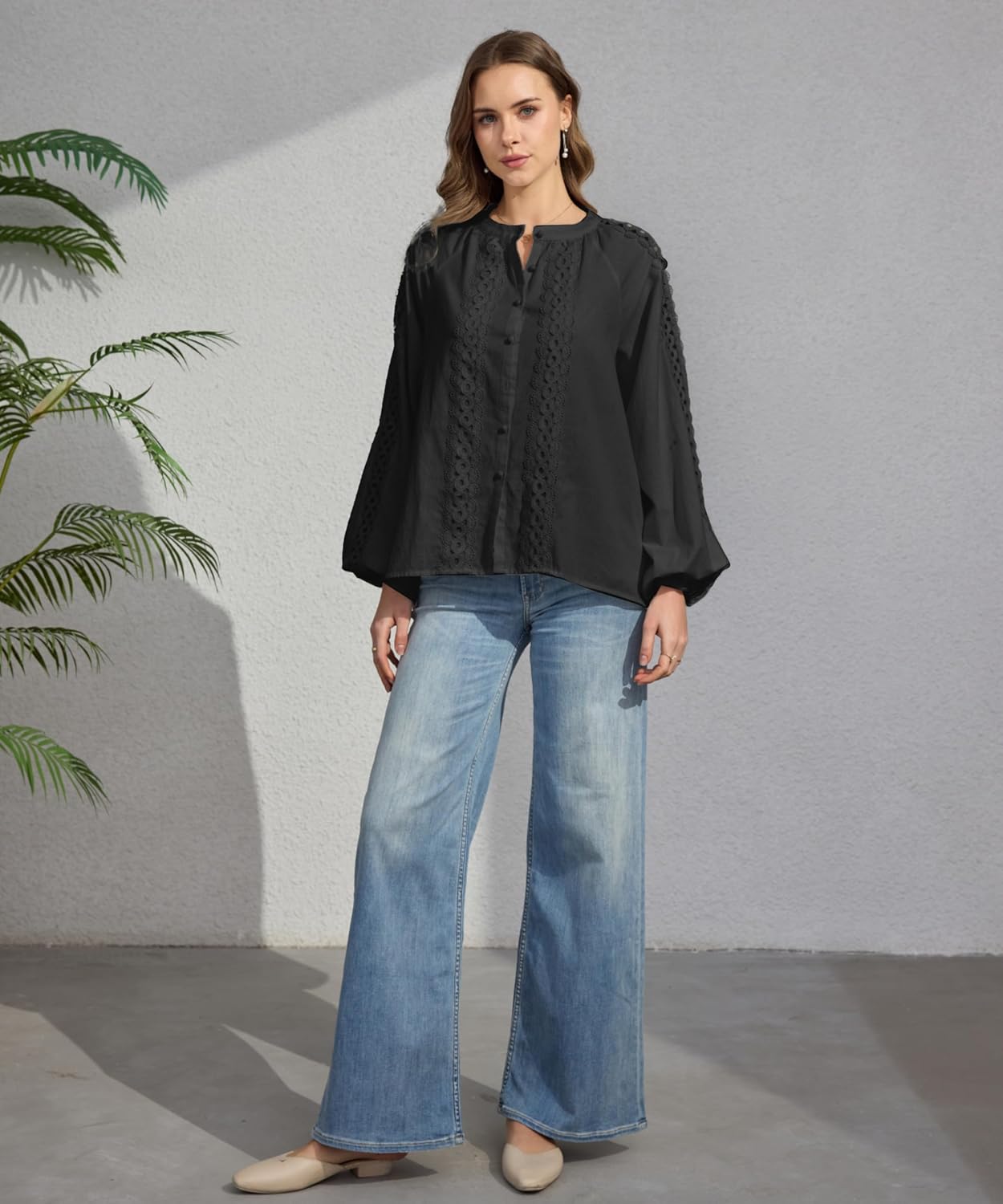 Women's Lantern Sleeve Button Up Lace Trim Shirt Blouse Casual Holiday Cotton Rayon Tunic Top