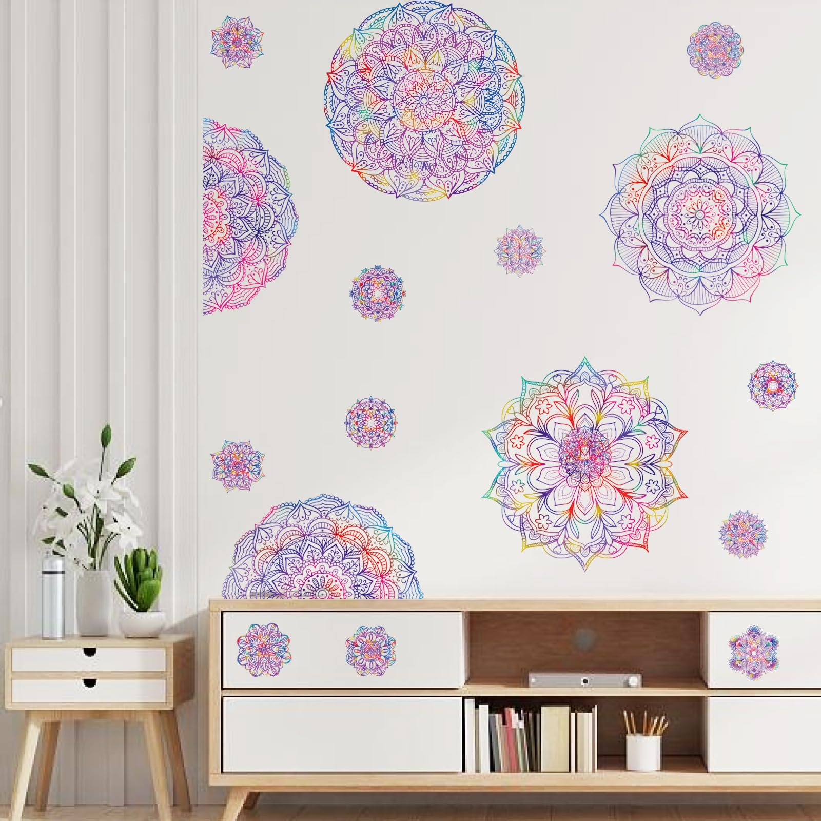 PLIGREAT 2 Sheets Purple Mandala Wall Decal Removable Vinyl Wall Sticker for Bedroom Living Room Yoga Studio Background Wall Mural Decor DIY Creative Art Bohemian Home Indoor Decorative