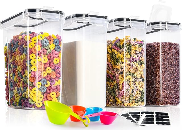 GoMaihe 4L Cereal Storage Containers Set of 4, Plastic Airtight Food Storage Containers with Lids, Storage Jars for Storing Pasta, Rice, Rlour, Dog, Cat, Pet Food, Cereal Dispenser Kitchen Organiser