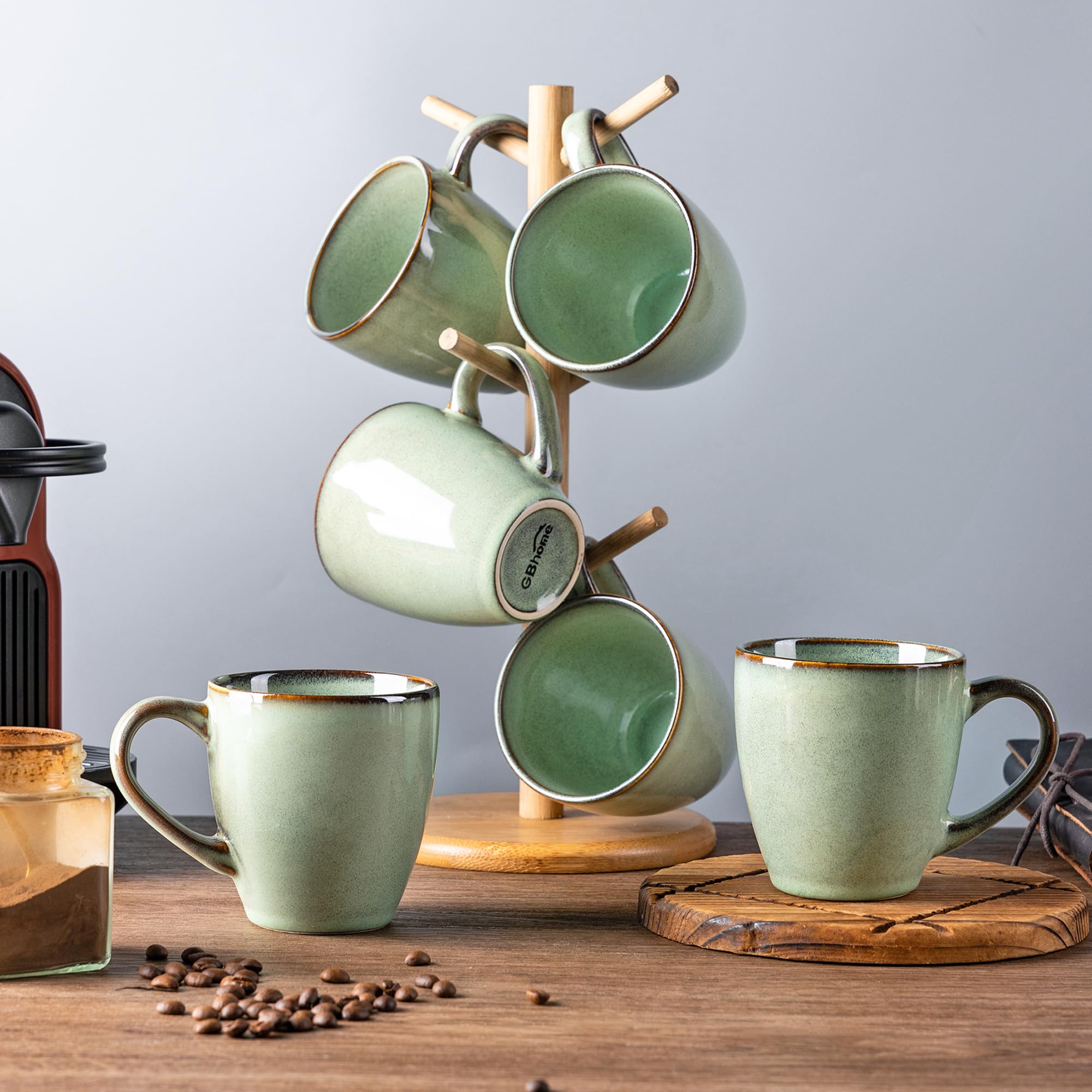 GBhome Juego de 4 tazas de café de cerámica, 340 ml, tazas de gres para papá, mamá, mujer, hombre, tazas ligeras para latte, té, cerveza, chocolate caliente, lavavajillas y microondas, color verde