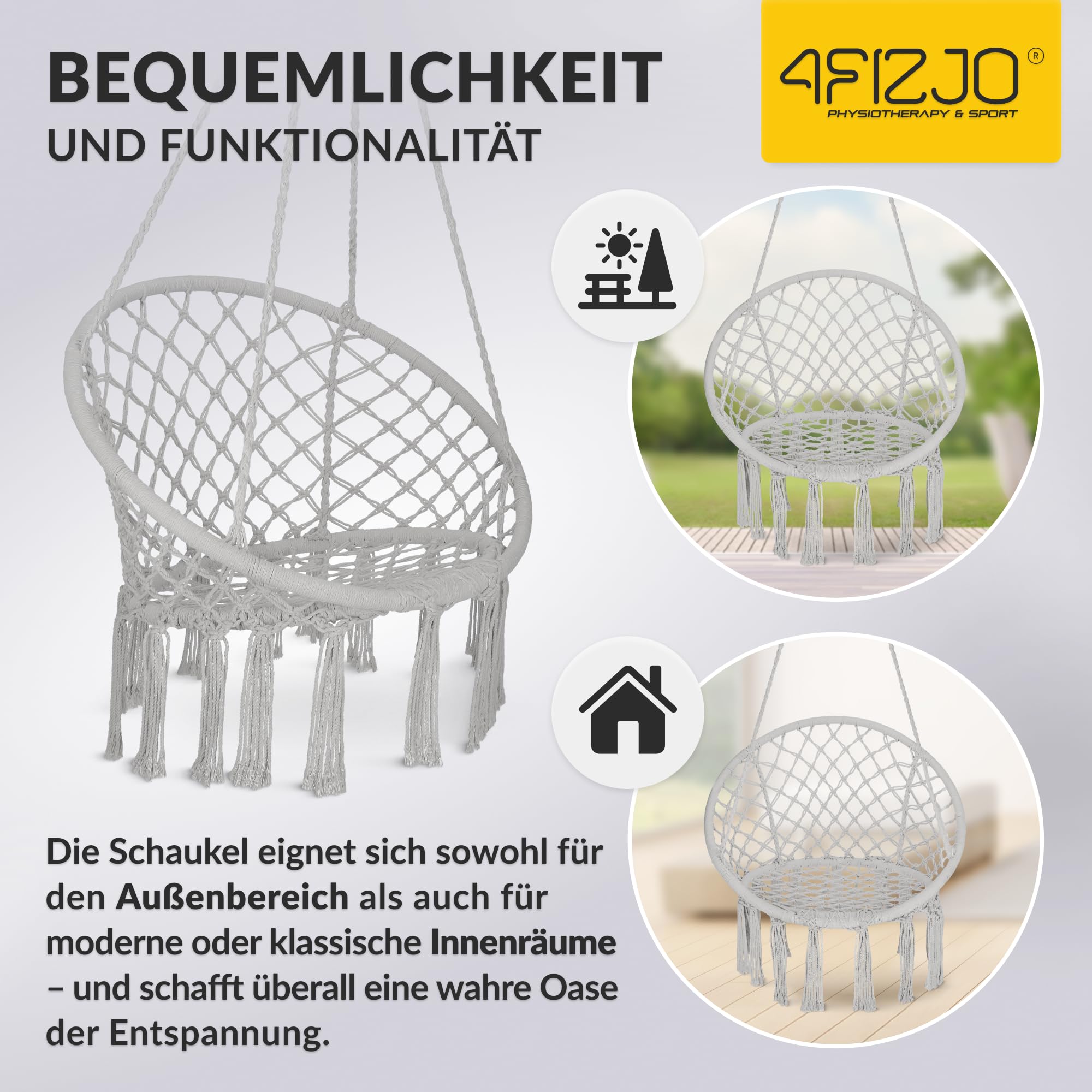 4FIZJO Hängesessel Boho, Makramee hängesessel, Garten schaukel, Hängekorb, Schaukelkorb, Therapieschaukel Kinder, Hängesessel Indoor & Outdoor, Hängesitz Patio-Rasen, Maximale Belastung 125 kg, Grau