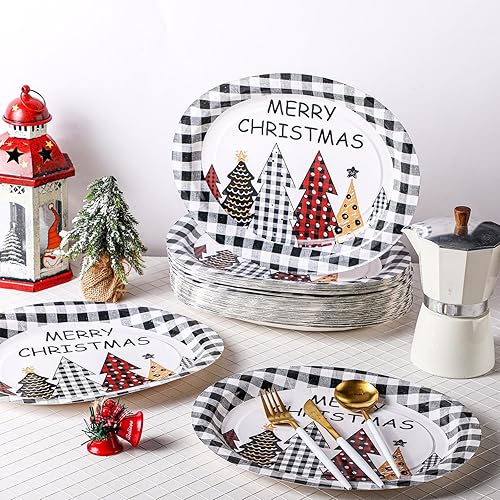 Miniatura 3 de 100 platos de papel de Navidad, a cuadros, árboles de Navidad, platos ovalados desechables de 10 x 12 pulgadas, platos desechables de Navidad,