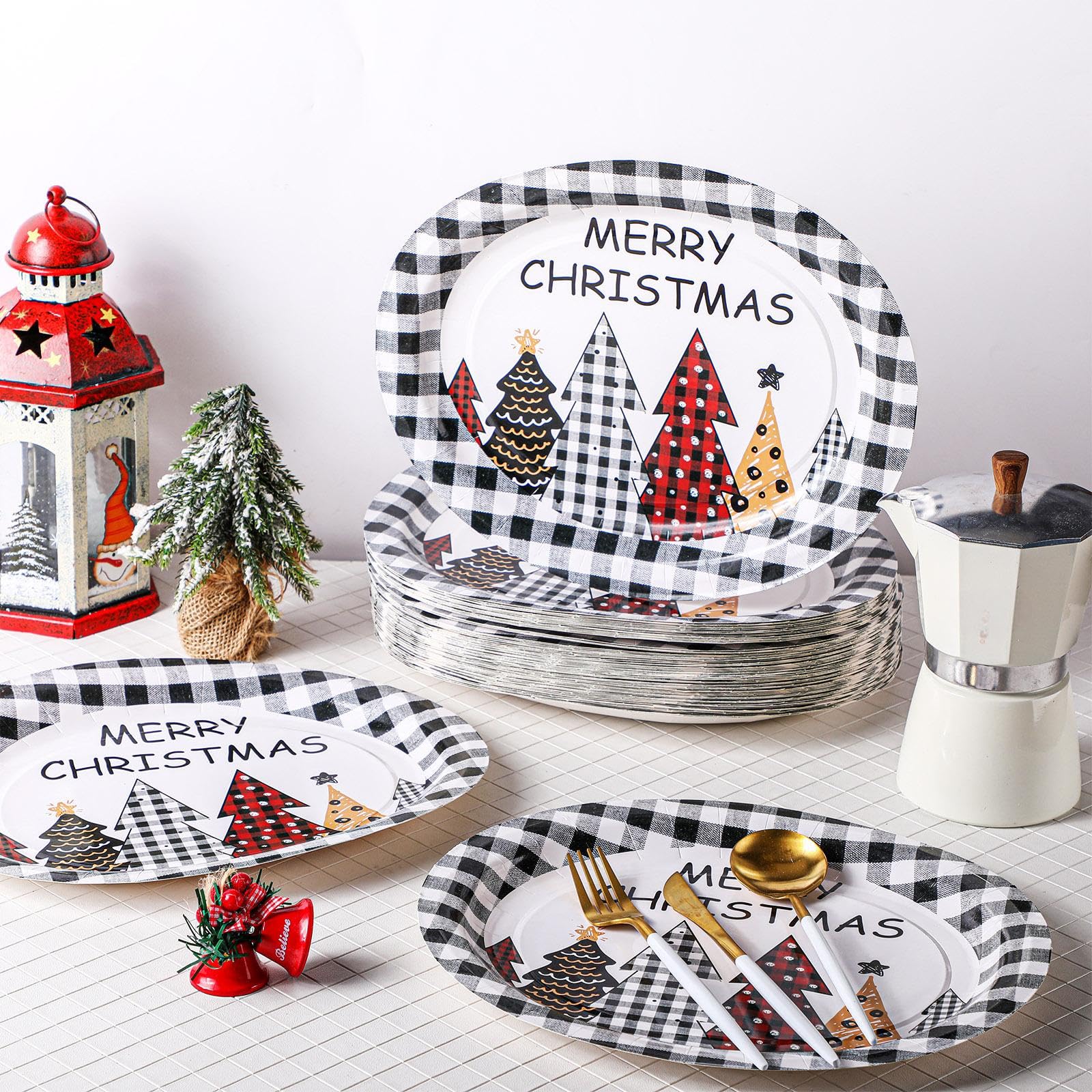 100 platos ovalados desechables de Navidad, platos de papel de búfalo a cuadros para árboles de Navidad, platos de papel desechables de 10 x 12 pulgadas, regalos de Navidad, juego de platos de papel