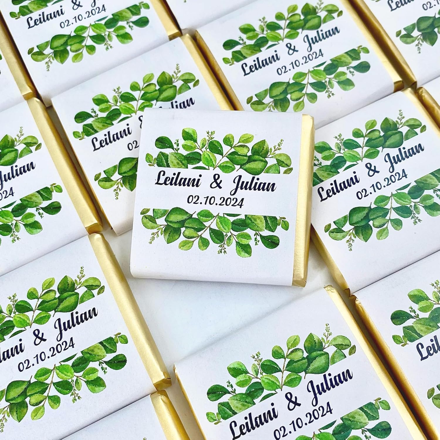 Set mit 50 personalisierten Hochzeitsschokoladen, individuelle Schokoladen-Hochzeitsgeschenke für Gäste, personalisierbares Hochzeitsgeschenk, einzigartiges Design für Hochzeit, Brautjungferngeschenke