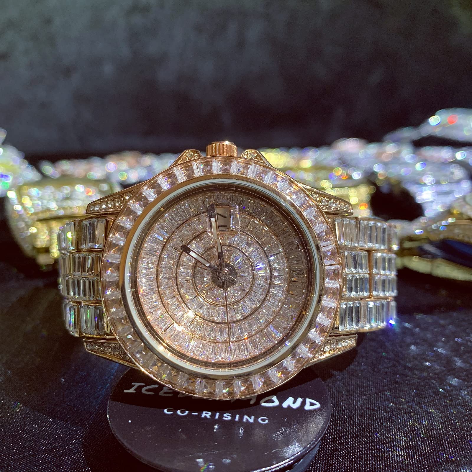 ICEDIAMOND Reloj de Pulsera de 42 mm con Diamantes de circonita cúbica, Chapado en Oro con Piedras de circonita Brillante y Esfera Redonda, Reloj de Cuarzo para Hombre, Mezclado, 42 mm