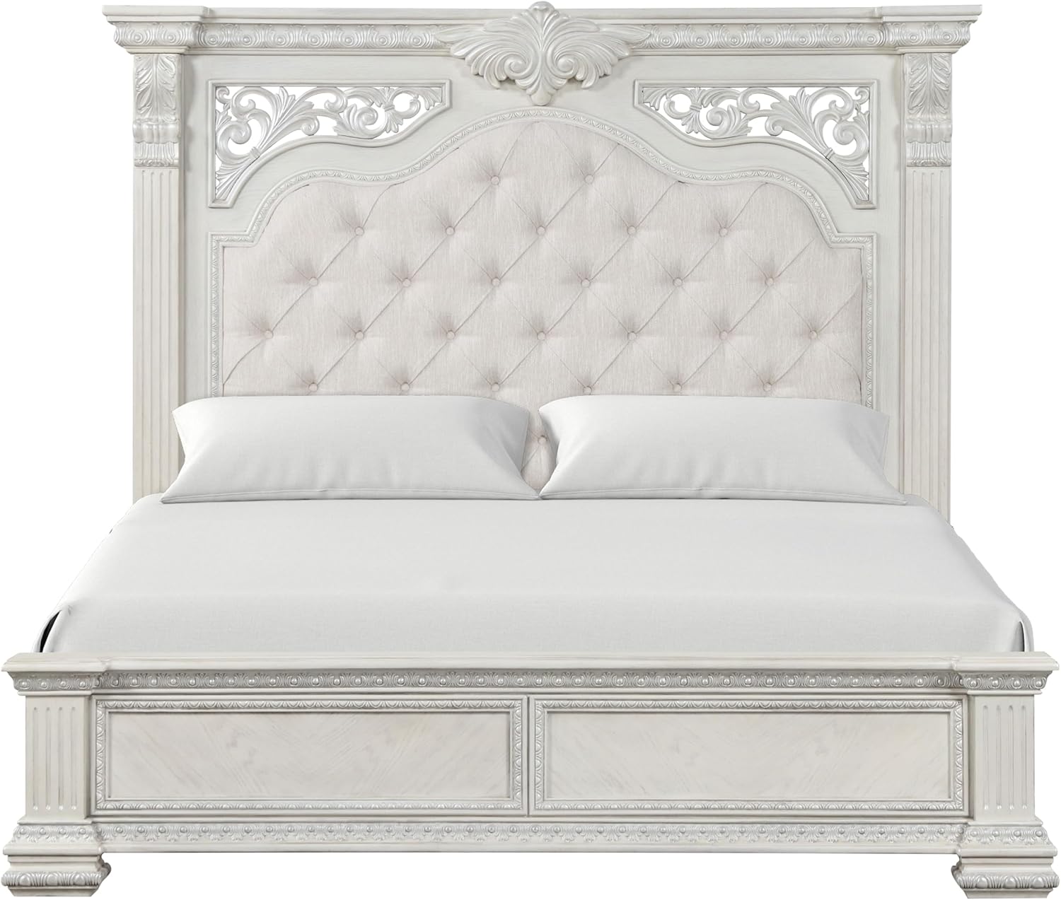 Furniture of America Byrne Traditional Wood Bed Frame with Upholstered Headboard, Ornate Moldings and Bracket Feet, Wooden Bedframe for Bedroom, Box Spring Required, King, Wire Brushed White