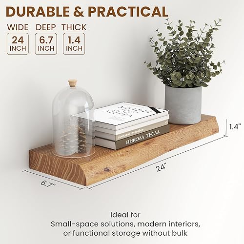 Miniatura 3 de Estantes flotantes de 24 pulgadas, estante flotante de madera maciza de olmo con borde vivo, estantes de exhibición montados en la pared con soporte