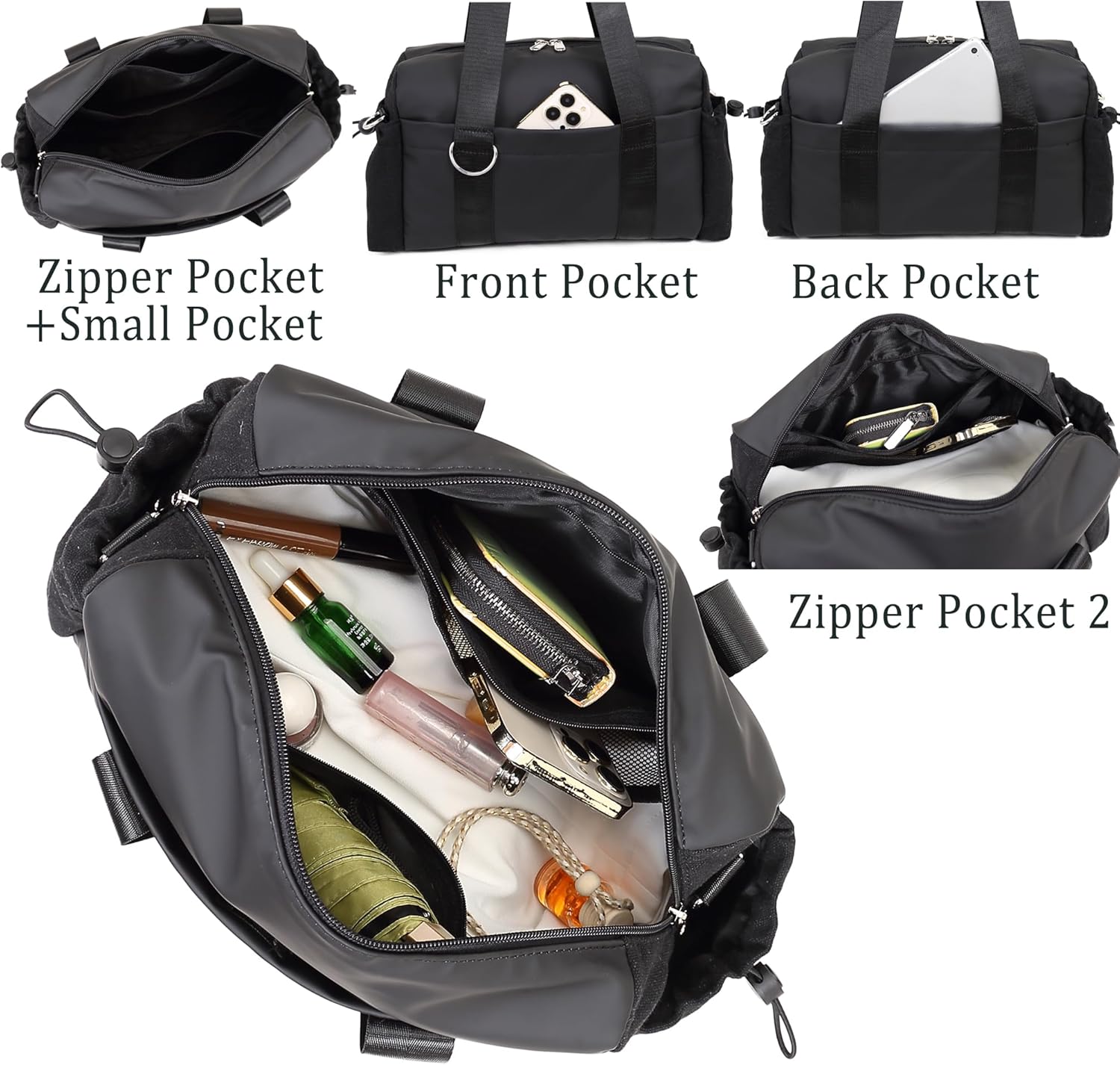 Everyday Mini Gym Bag for Women 2.0, Small Tote with Zipper Compartment Waterproof Travel Duffle Cute Handbag Workout Carry On with Removeable Shoulder Strap & Coin Wallet Easy to Clean - Black - Image 3