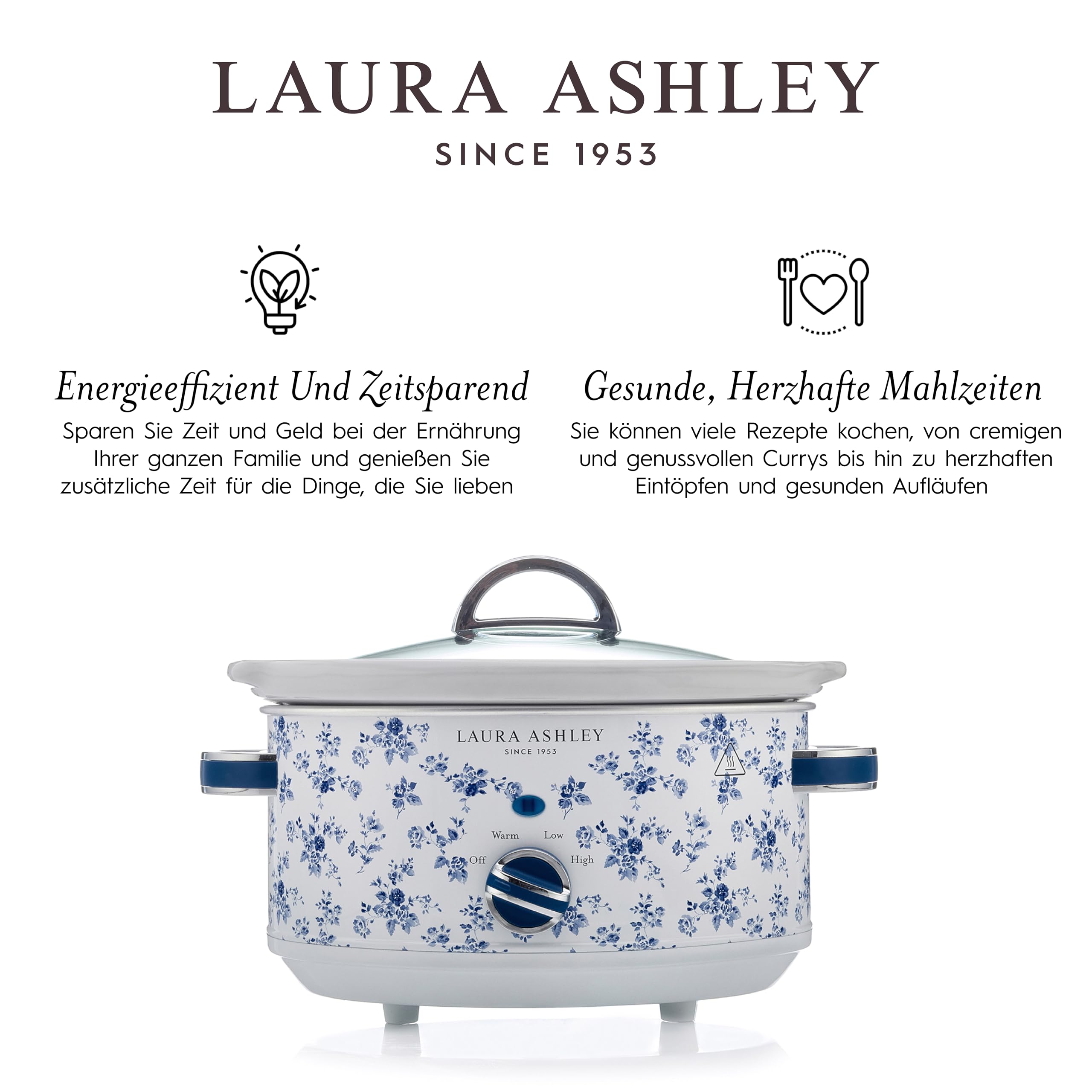 Laura Ashley 6,5 Liter Schongarer mit China Rose Print von VQ - Slowcooker für 8 bis 10 Personen, Energieeffizient, mit 3 Heizstufen und Einem gehärteten Glasdeckel zur Einfachen Überwachung