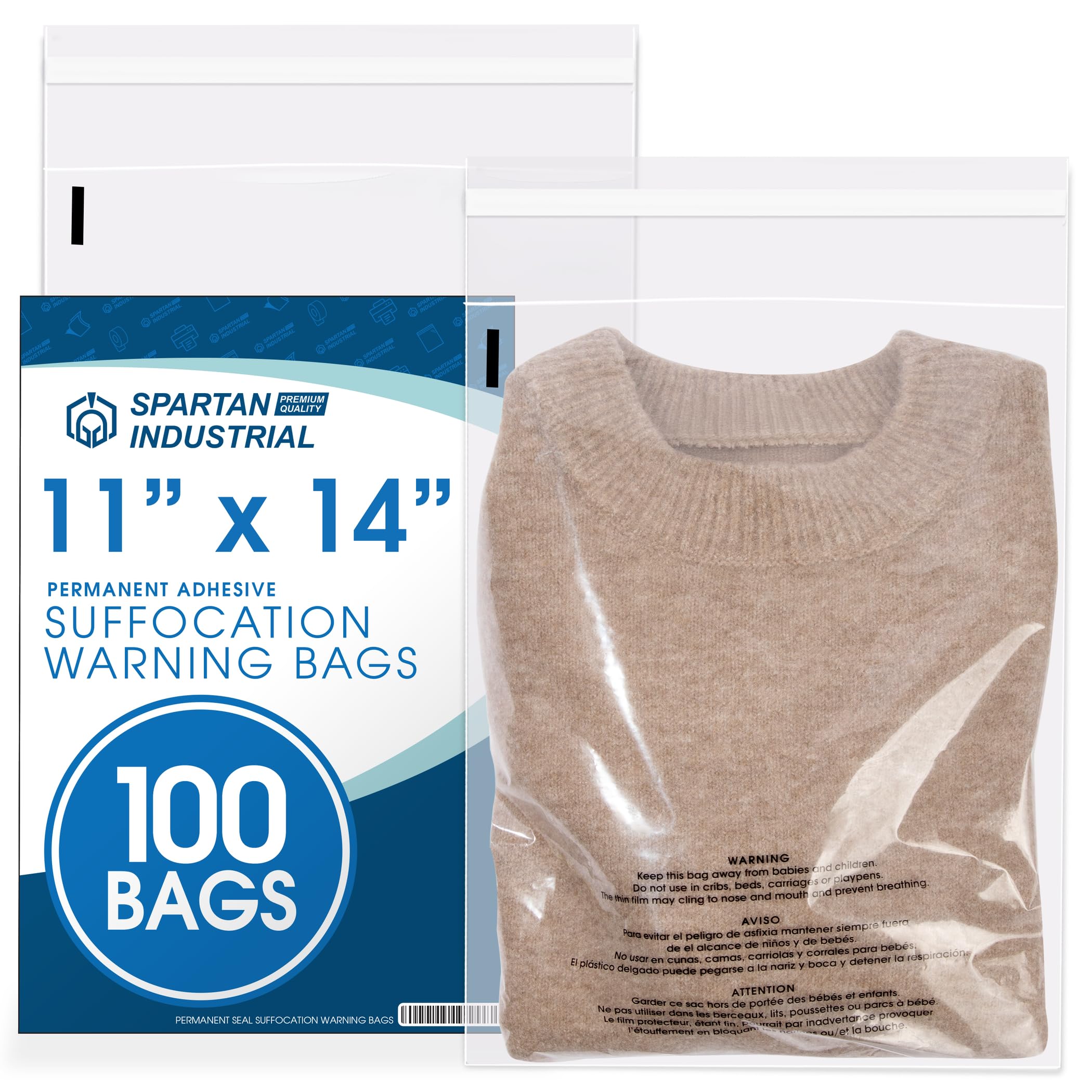 Spartan Industrial - 11” X 14” (100 Count) Self Seal Clear Poly Bags with Suffocation Warning for Packaging, T Shirts - Permanent Adhesive