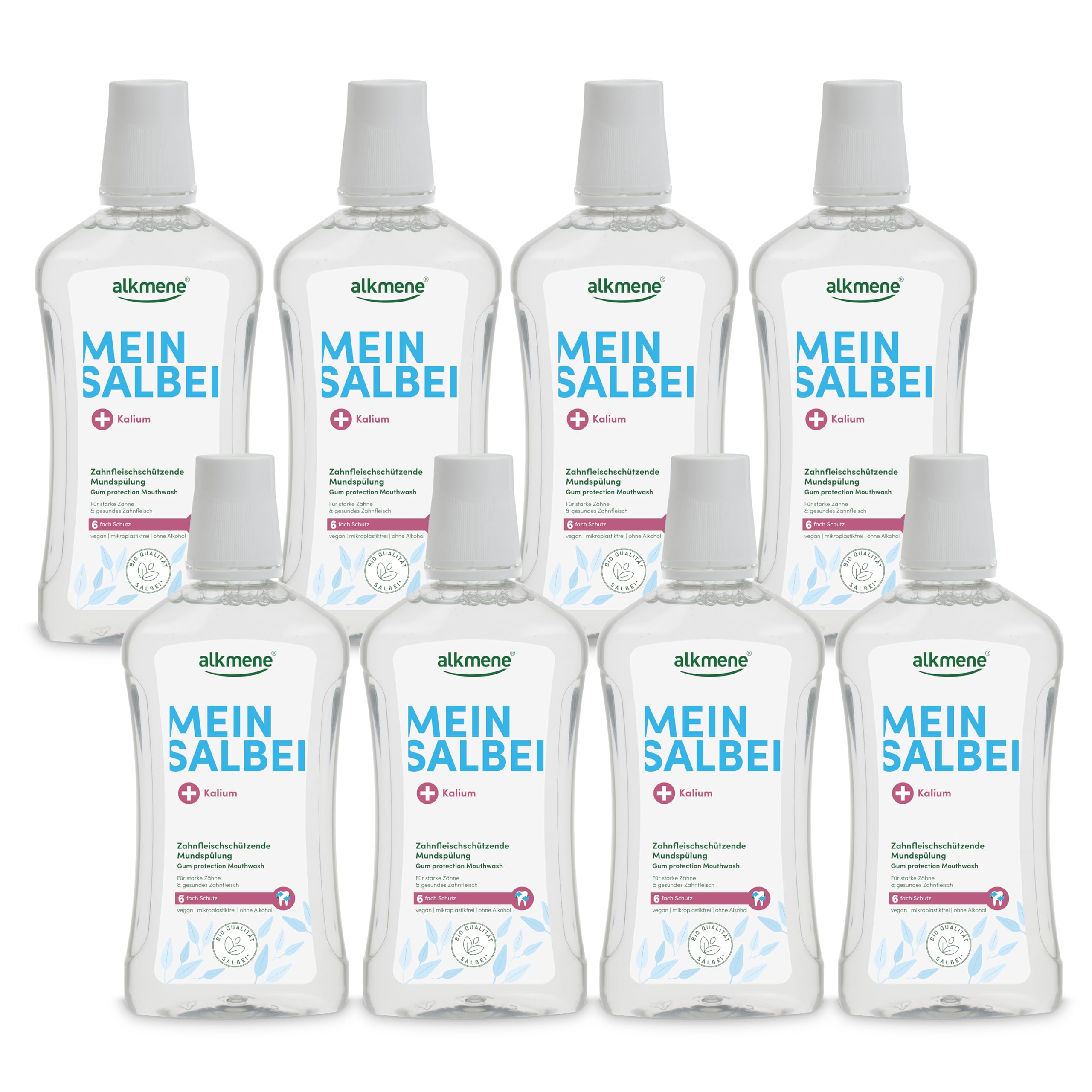 alkmene Zahnfleischschützende Mundspülung ohne Alkohol 500 ml 8er Pack | Mundwasser mit Salbei & Kalium - Vegane Mundspülung antibakteriell mit 6-fach Schutz - Mouthwash