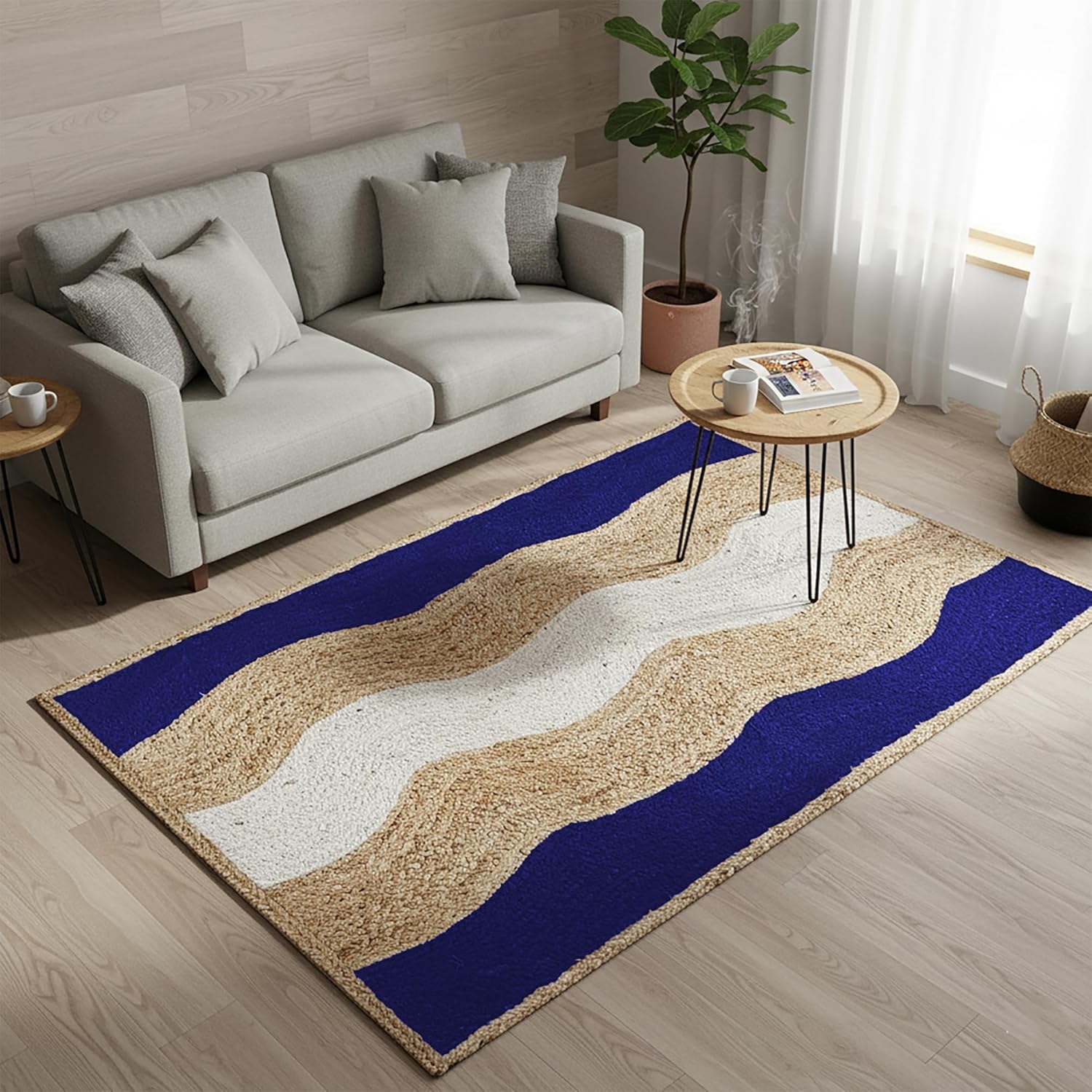 Premium Quality Jute Rug 12x15 Feet Area Rug Natural Fiber Jute Rugs Thick 0.27" Blue Geometric Wavy Stripe Pattern Rugs for Living Room Bedroom Outdoor Home/Office Decor Carpet