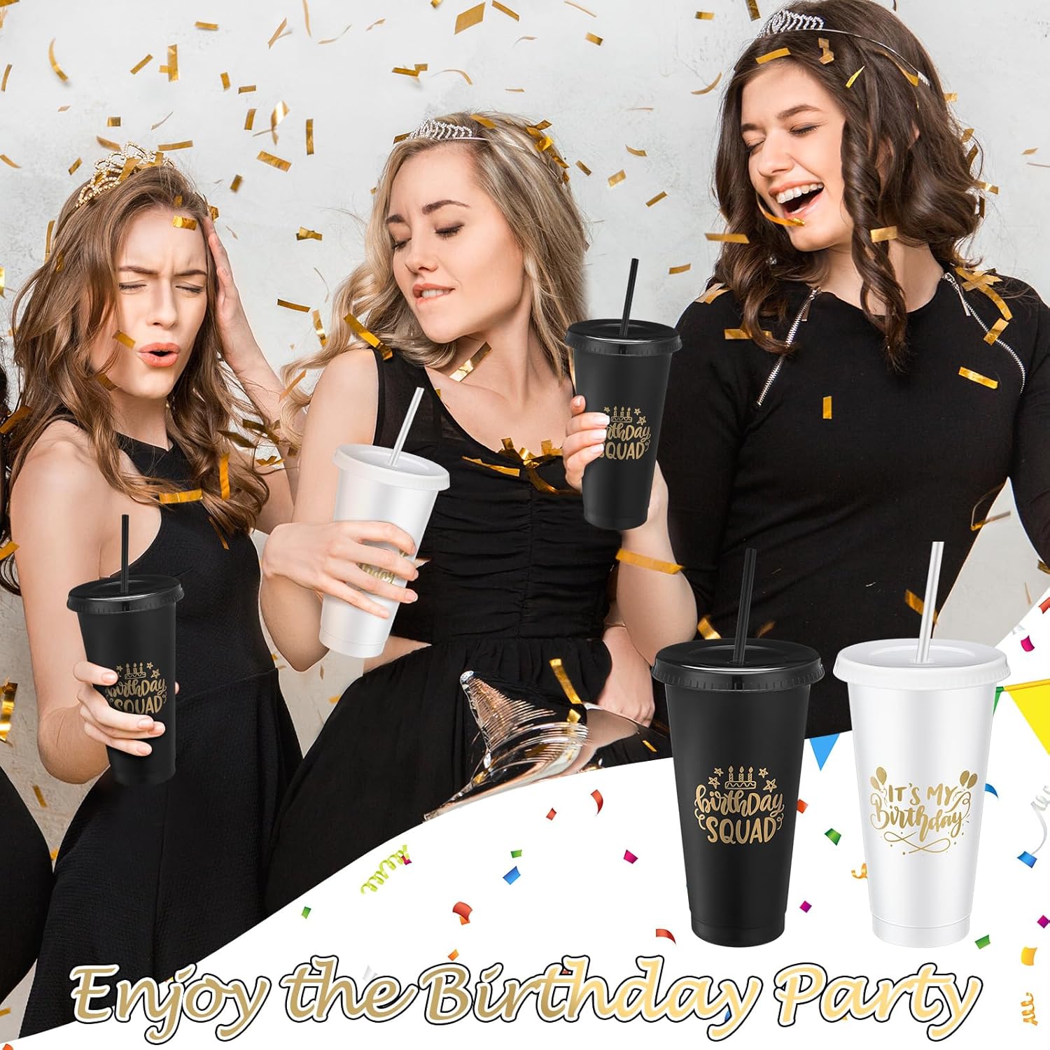 Birthday Party Tumblers 24 oz Squad Plastic Tumblers with Lid and Straw for 20th 30th 40th 50th 60th Birthday Decorations Favor for Women Adults(White, Black,12 Pcs) - Image 5