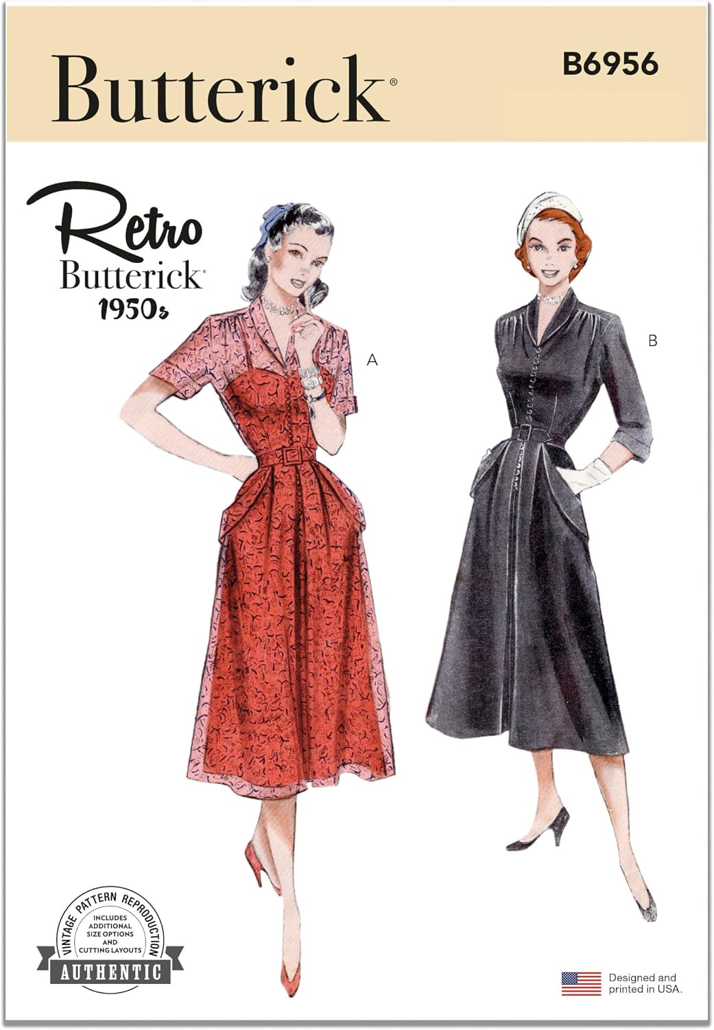 Butterick B6956Y5 Misses' Vintage 1950's One Piece Dress Sewing Pattern Kit, Design Code B6956, Sizes 18-20-22-24-26