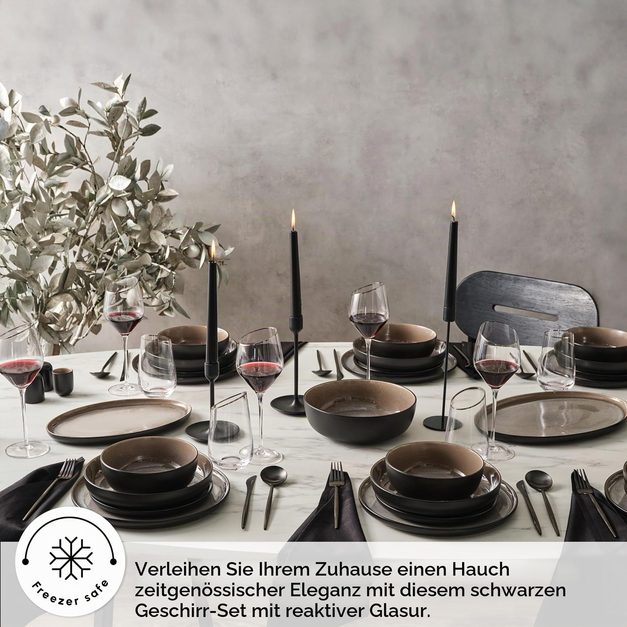 Karaca Mercure - 59-teilig Steingut Geschirrset für 12 Personen, Reaktive Glasur Teller Set mit 12 Servierplatte, Pastateller, Suppenteller, Dessertteller, Steinzeug Geschirr Set Modern - Schwarz