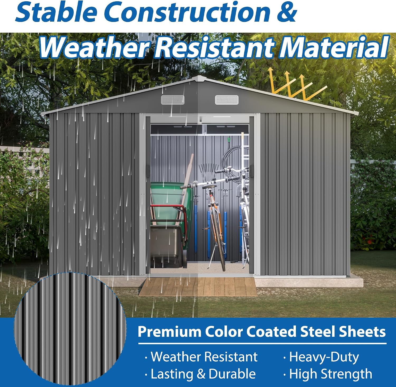 10x8 ft Outdoor Metal Storage Shed, Lockable Galvanized Steel Tool Shed with Air Vent, Waterproof Garden Storage House for Backyard, Patio, Grey