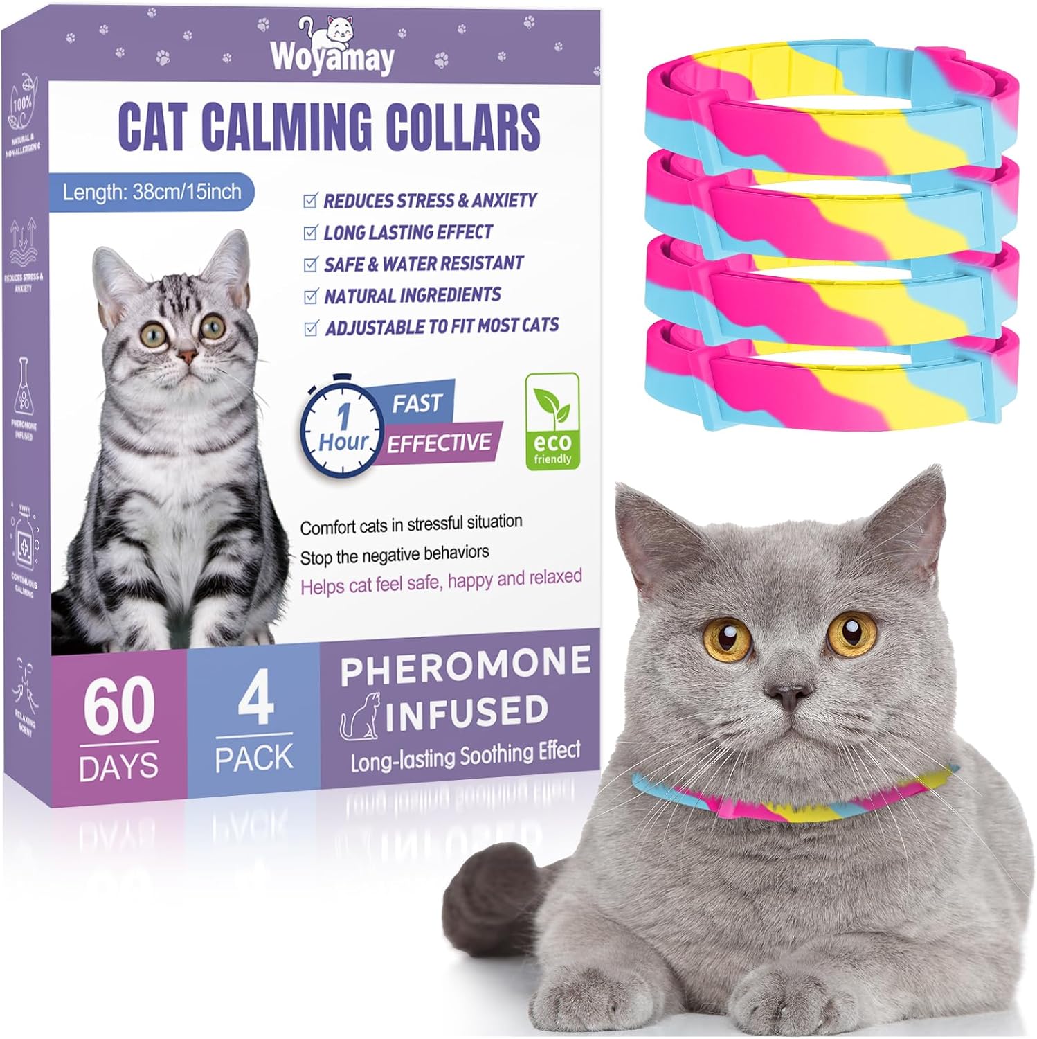 Woyamay 4 Pack Calming Collar for Cats, Adjustable Cat