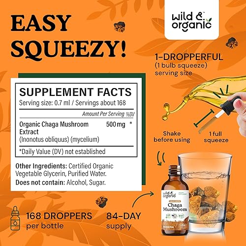 Miniatura 3 de Wild & Organic Chaga - Gotas de hongos - Apoyo inmunológico con extracto de Chaga - Suplemento líquido de hongos para la inmunidad - Tintura vegana,