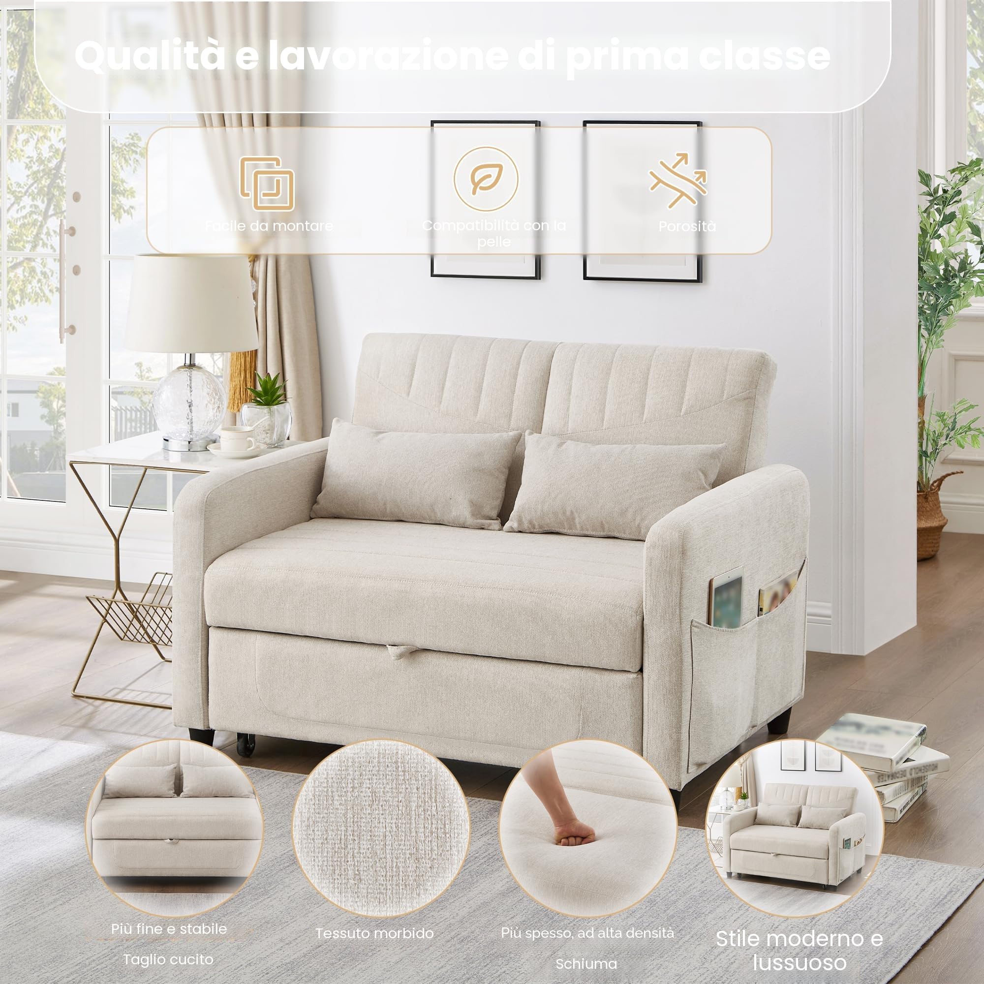Divano a due posti con funzione letto, divano pieghevole con schienale regolabile, divano letto estraibile, divano letto con contenitore, piccoli divani per piccoli spazi, 114 x 77 cm, beige