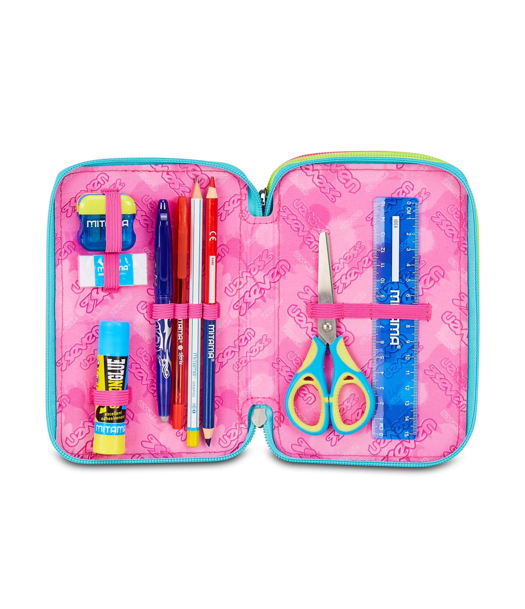 Seven Estuche Escolar con 3 Cremalleras Write Down, Morado, portalápices Triple Compartimento Completo con bolígrafos, lápices, Colores, Accesorios Mochila, Escuela Primaria, niña