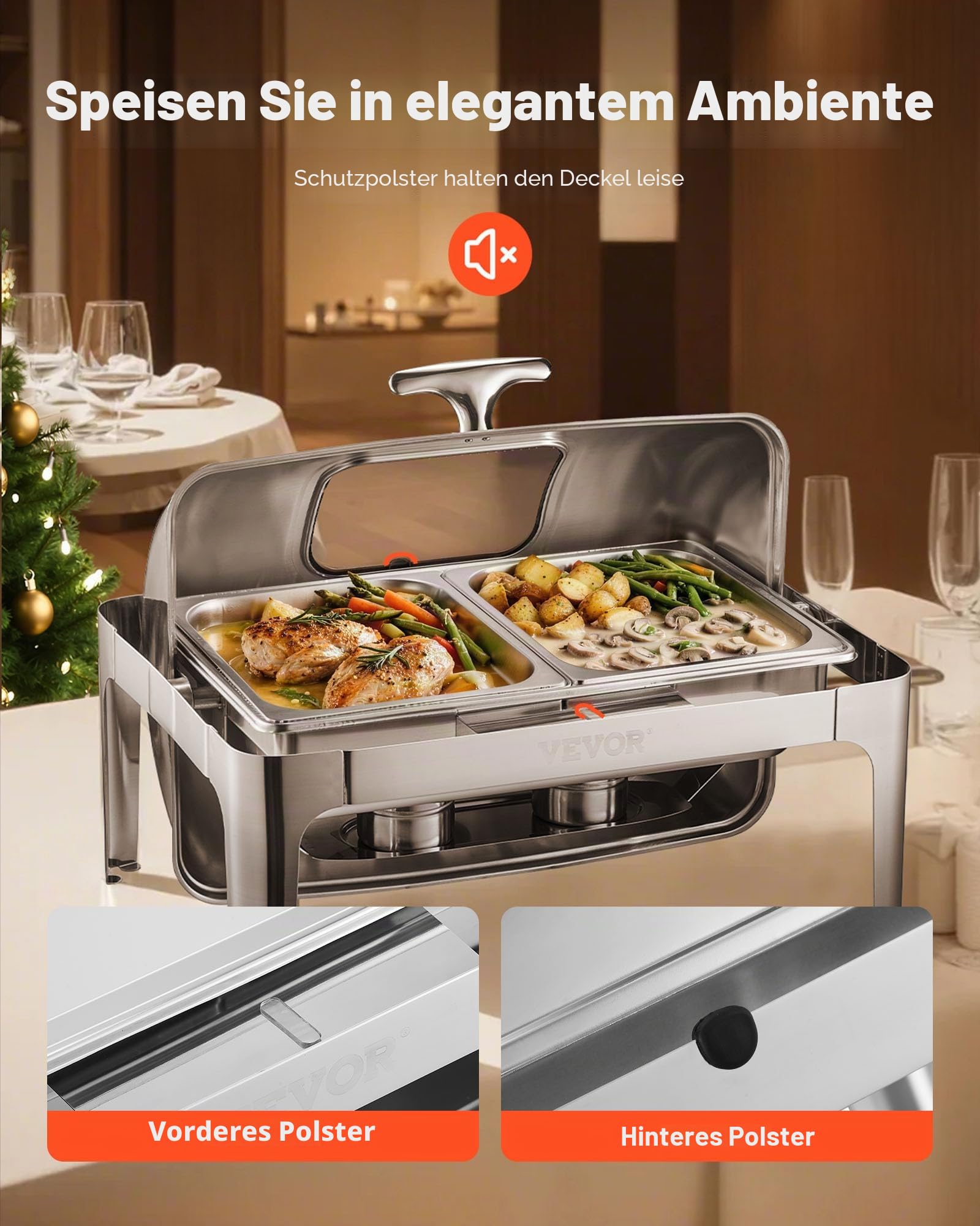 VEVOR Chafing Dish Set Speisenwärmer Edelstahl mit 2 Pfannen in halber Größe (3,9 L), rechteckiger Wärmespender mit sichtbarem Deckel & Wasserpfannenständer & Brennstoffhalter, für Partys Silber