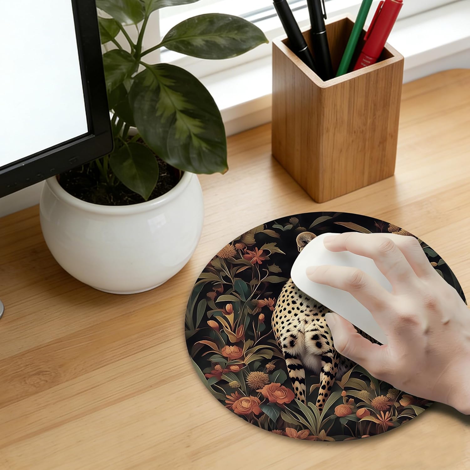 Preppy Leopard Mouse Pad, Retro Trendy Cheetah Floral Mousepad for Desk Home Dorm Computers Laptop, Leopard Office Supplies Desk Accessories, Aesthetic Office Supplies,7.9x7.9 Inch image 3