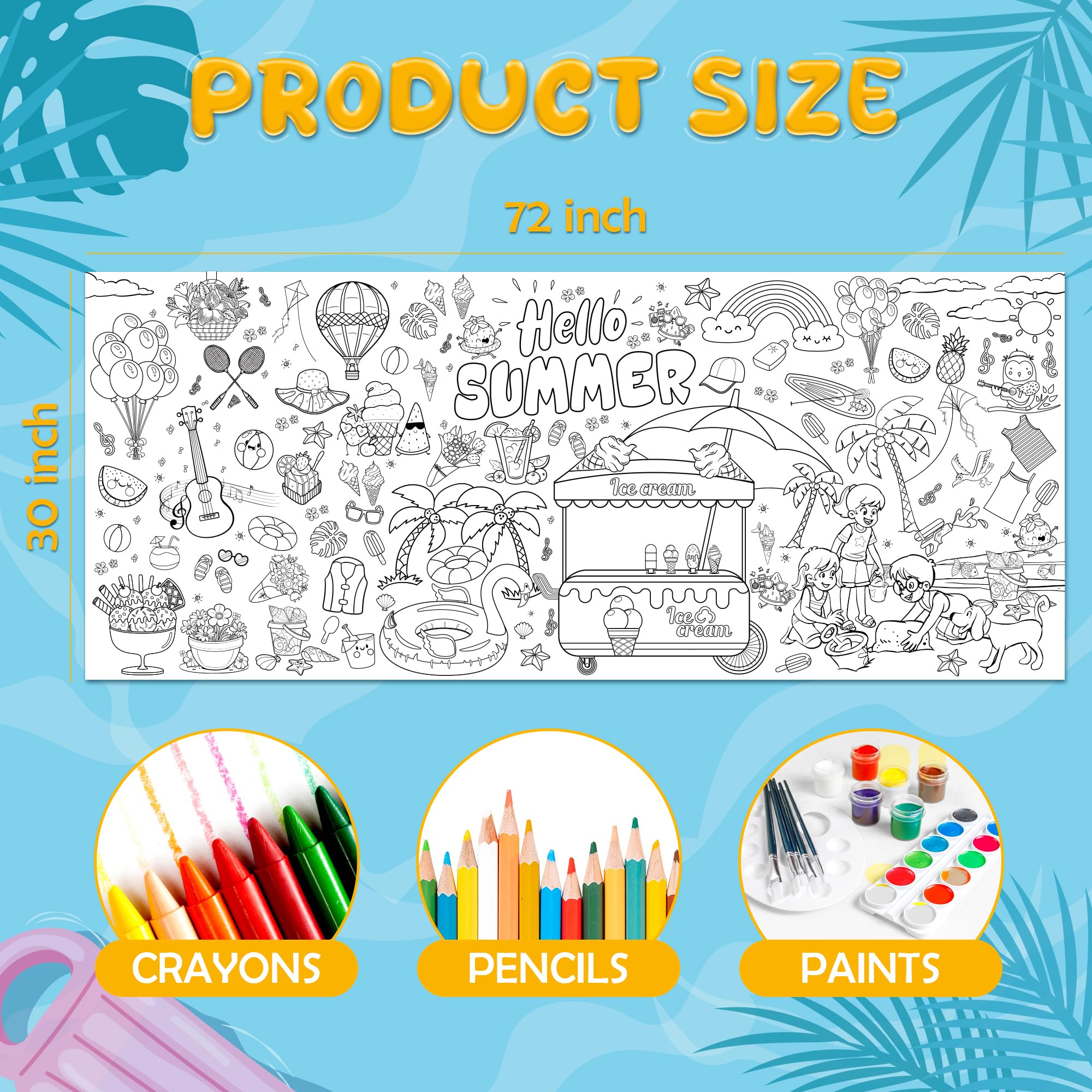 OHOME Summer Giant Coloring Poster/Tablecloth - Summer Decorations - 30 x 72 Inches Jumbo Paper Coloring Banner - Kids Crafts Gifts Toys Games Ice Cream Party Decorations - Arts Crafts Supplies