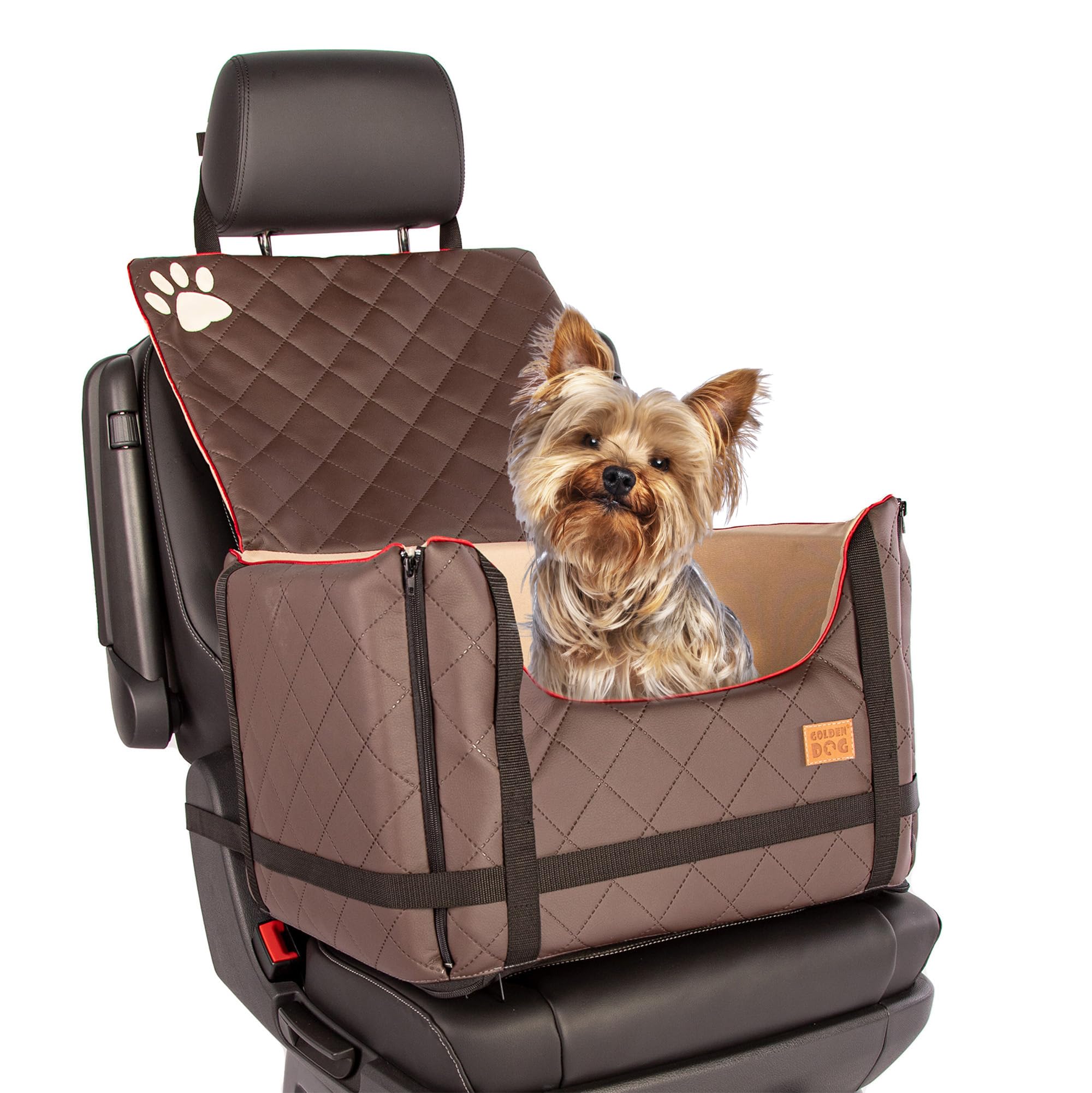Golden Dog - Transportín para perro con cinturón de seguridad S-45 x 35 x 33 cm - Piel sintética para asiento de coche para perro, resistente al agua, asiento del copiloto, caja para perros, plegable,