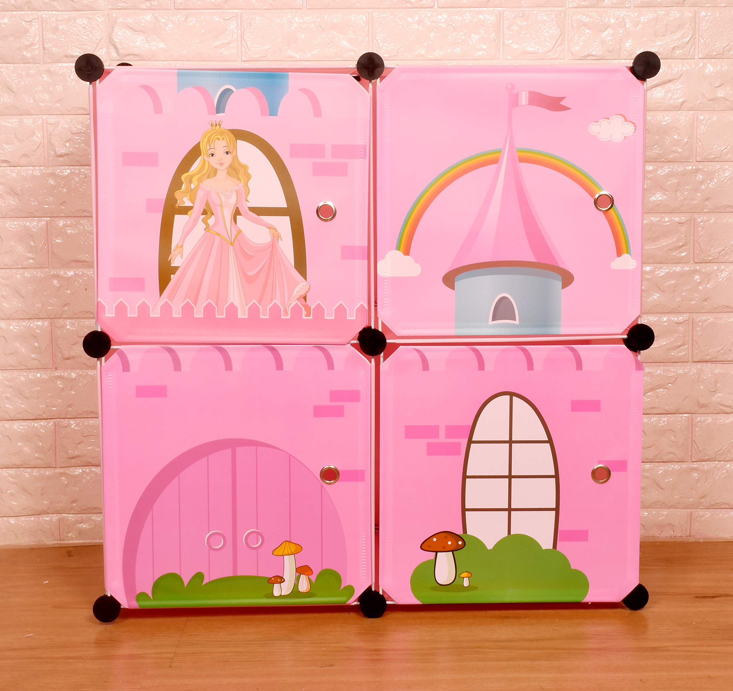 THE LITTLE LOOKERS Collapsible Kids Clothing Wardrobe |Cute Prince & Castle Print/Portable Waterproof Multipurpose Storage Rack/Adjustable Almirah for Babies/Girls/Boys (Pink Castle, 4 Cube) 1