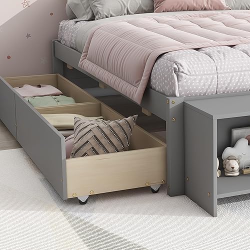 Miniatura 7 de Lakifun Cama de plataforma de tamaño matrimonial con estuche de almacenamiento y 2 cajones, marco de cama de madera maciza con listones de soporte