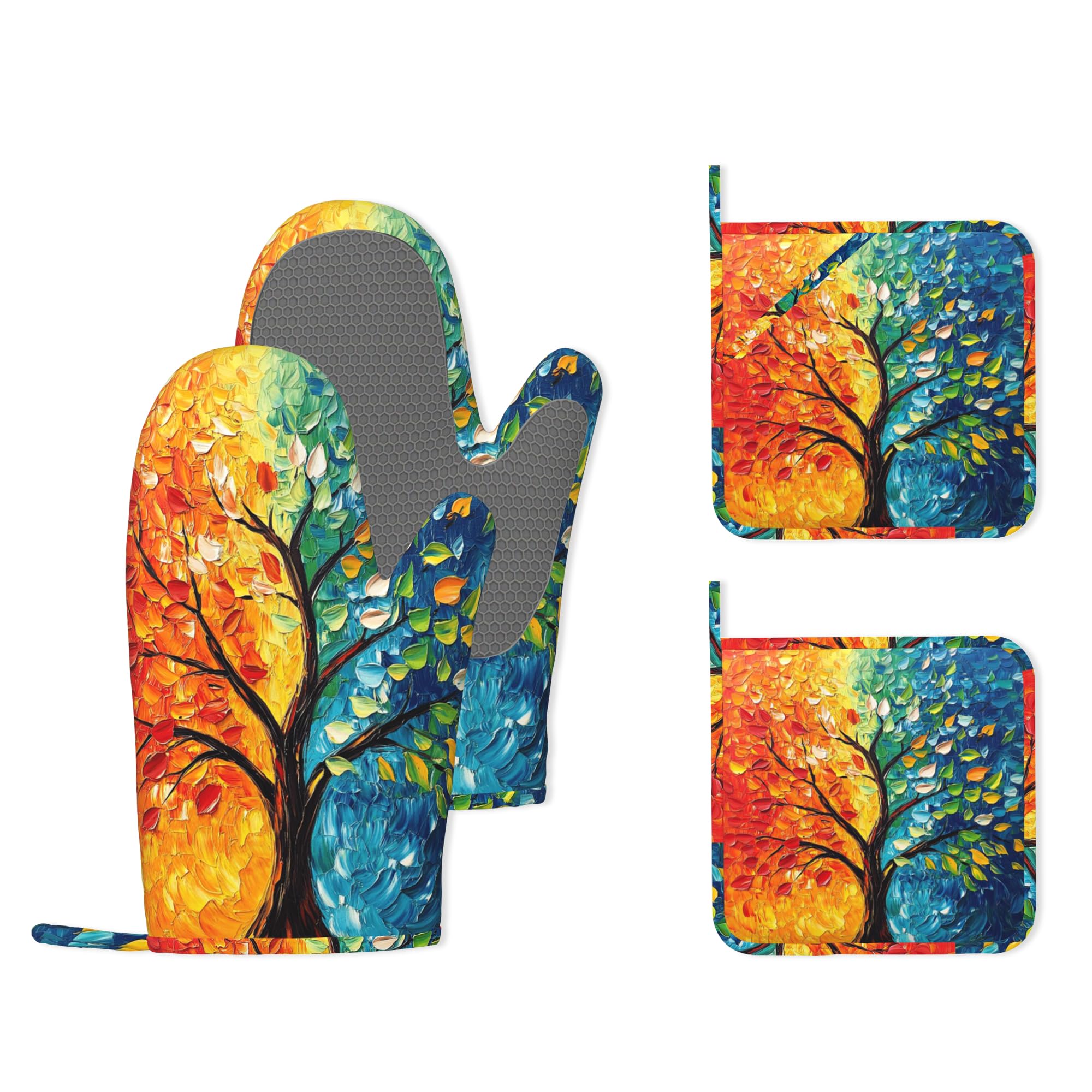 Tree of Life - Juego de guantes de horno de silicona y soportes para ollas, 4 piezas resistentes al calor, guantes de horno antideslizantes y almohadillas calientes para cocinar, hornear, asar a la