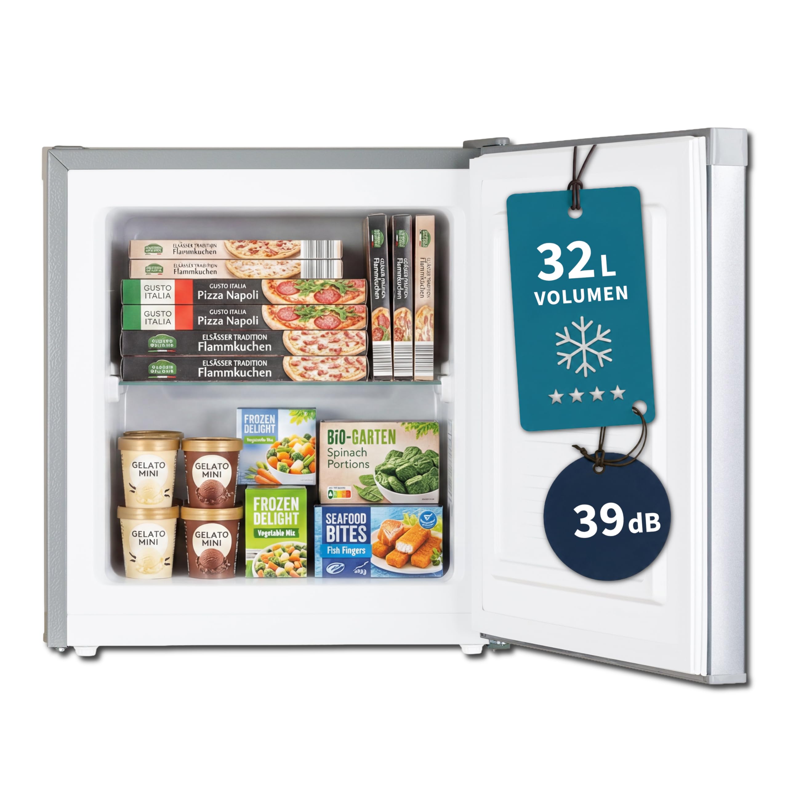 Mini Gefrierschrank 32 L, Glasablage, 4-Sterne-Gefrierbox bis -18 °C, kompakter Tiefkühlschrank, leise 39 dB, manuelle Temperaturregelung, freistehend, Silber