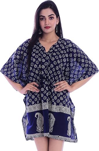 Ravaiyaa - Attitude is everything Cotton Short Caftan Maxi Gown Nightwear Block Printed Bikini Cover up Women's Short Sexy...