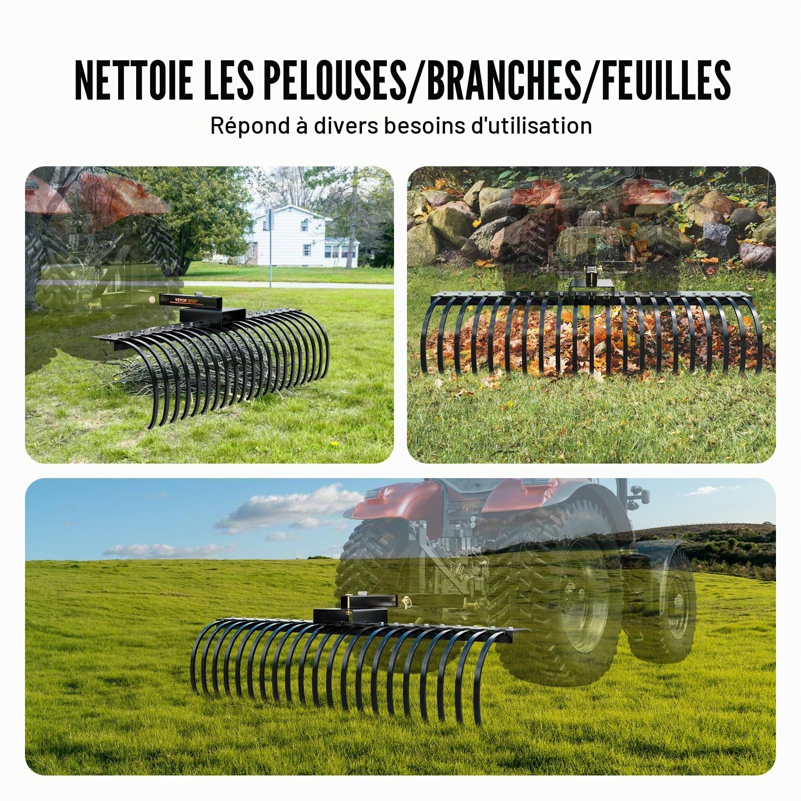 VEVOR Râteau paysager remorqué, 1524 mm, râteau déchaumeur avec 21 dents bobine acier, râteau pour barres d'outils 1219-1524 mm et système suspension à 3 points, pour feuilles, aiguilles de pin, herbe