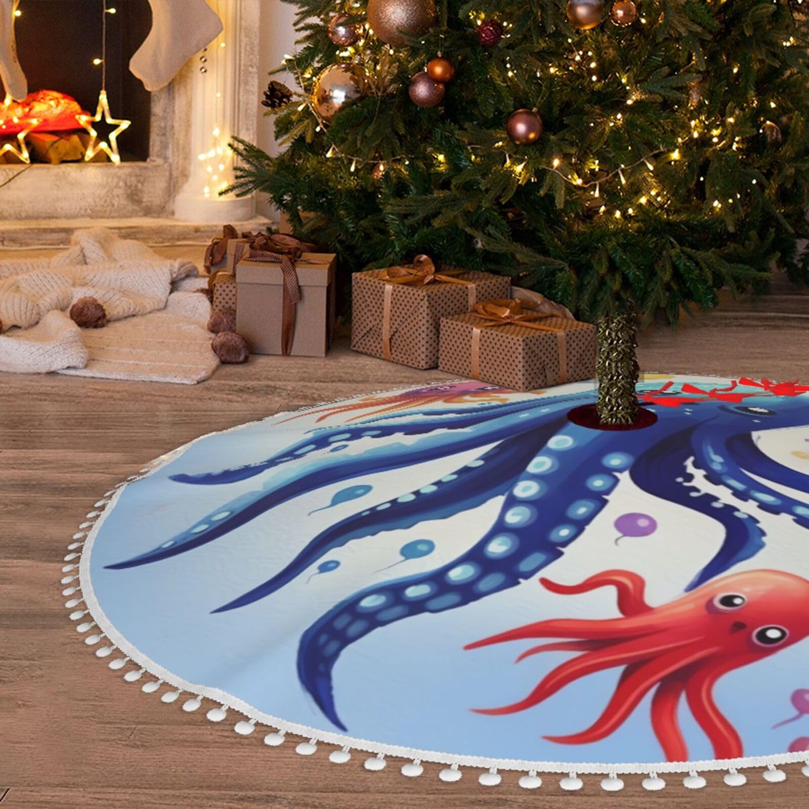 Jupe de sapin de Noël 121cm en peluche douce haut de gamme motif calamar coloré