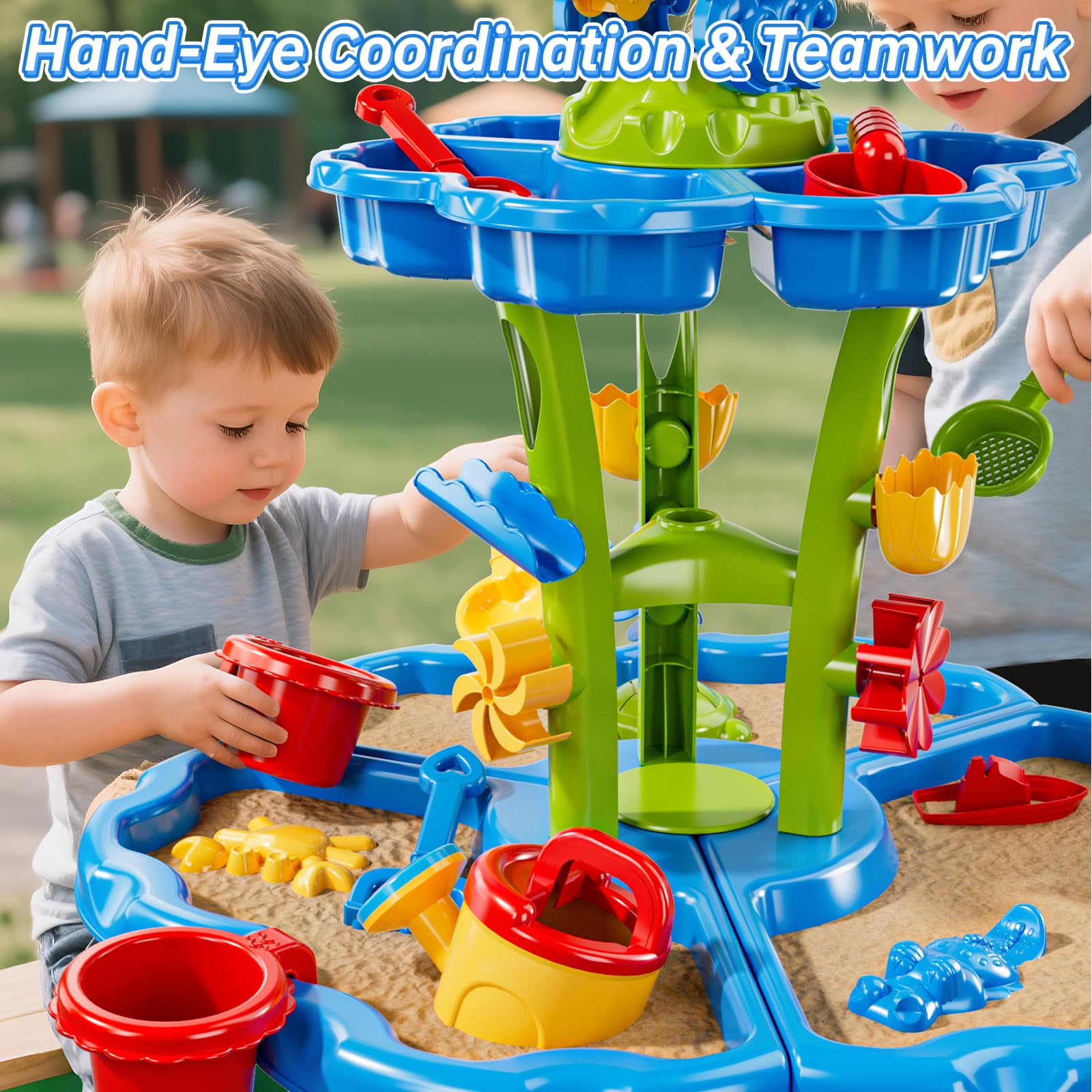 2-stufiger Blumen Sand- & Wassertisch für Kleinkinder 3-5 Jahre, Sensorik-Spieltisch für Kinder, Sommer Strand Planschspielzeug für Garten Hof, Wasser Sandkasten Spielset