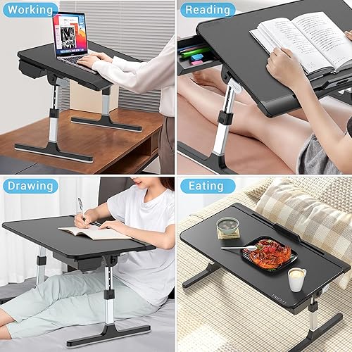 Miniatura 3 de COKWEL - Bandeja de cama para laptop, mesa de cama ajustable de cuero de PVC, mesa plegable para portátil con cajón de almacenamiento para cama,