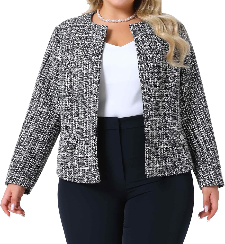 Agnes Orinda Plus Size Tweed Blazer for Women Collarless Long