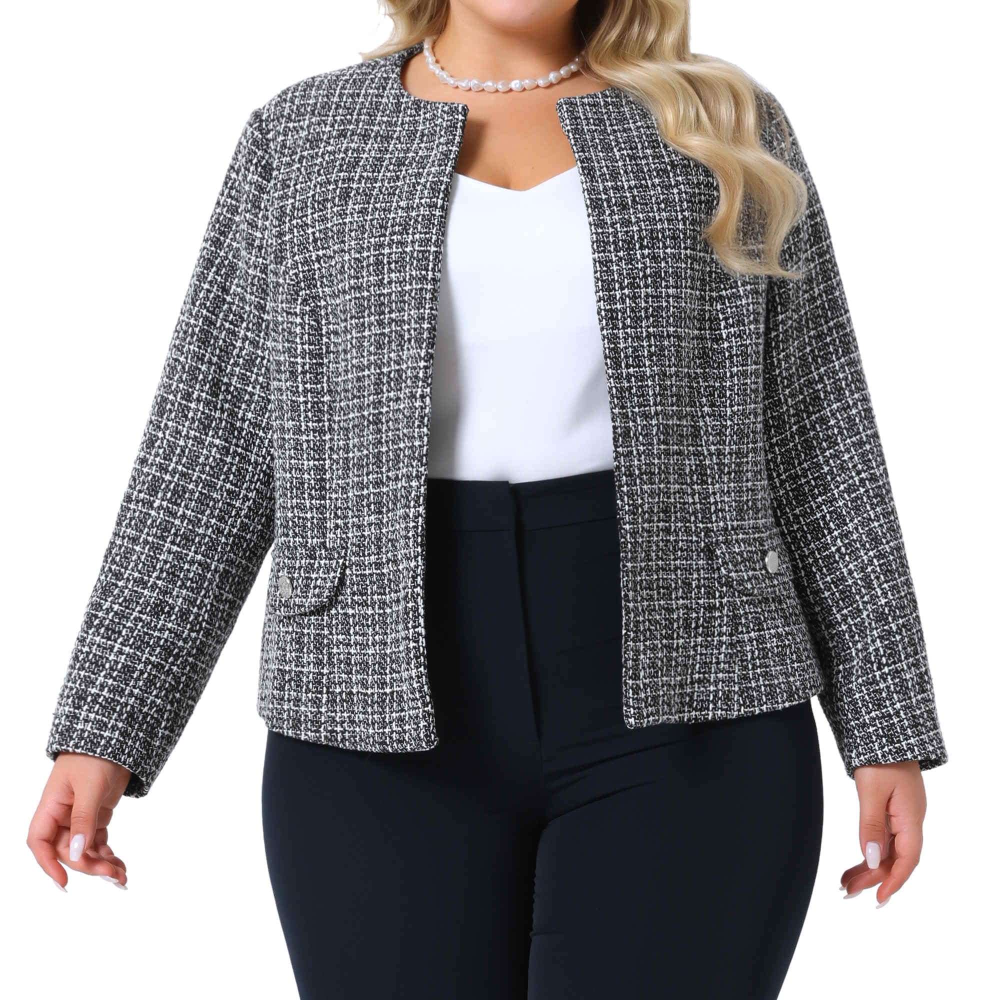 Agnes Orinda Plus Size Tweed Blazer for Women Collarless Long Sleeve Open Front Work Business Jacket Suits Casual