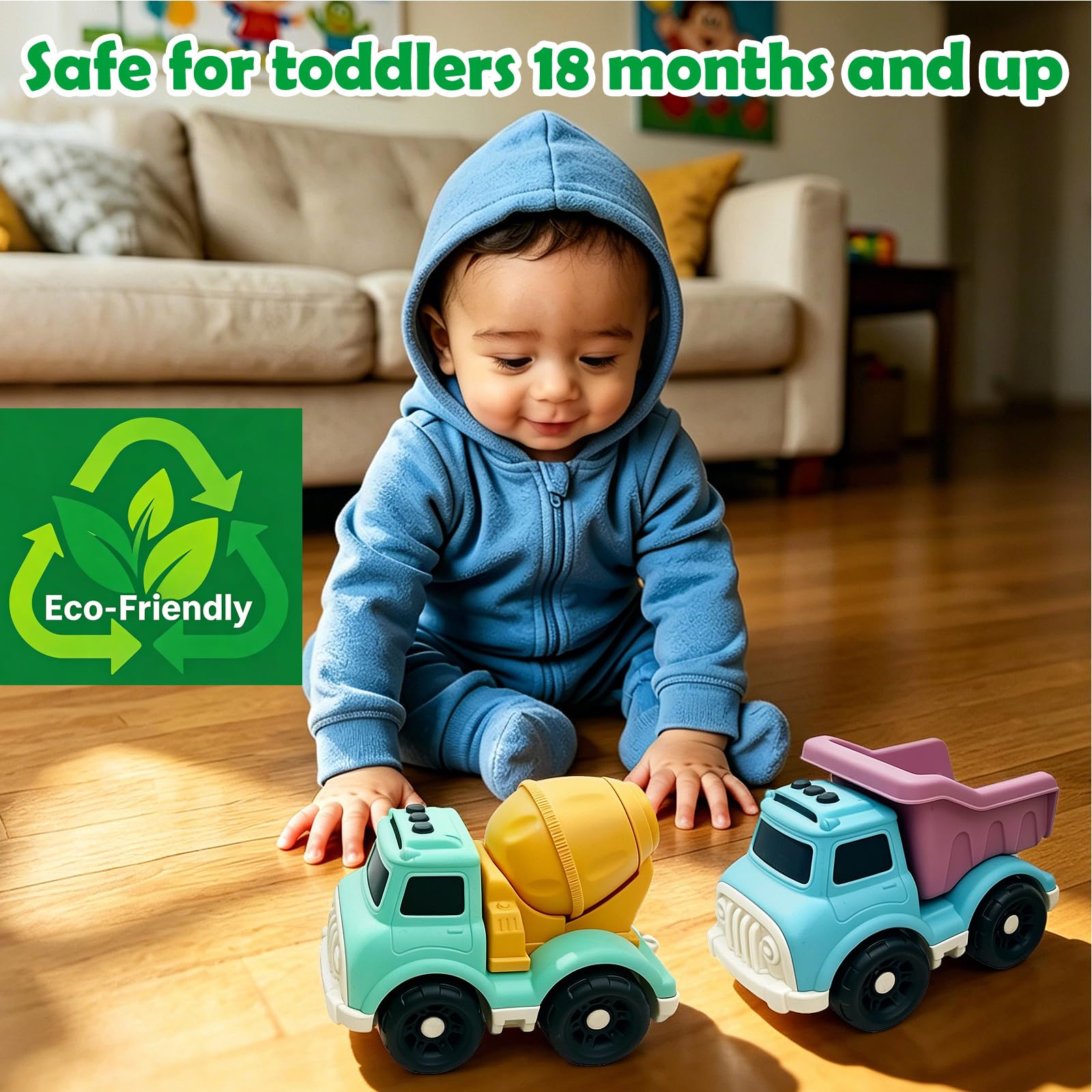 6,7 Zoll Push Cars Muldenkipper & Zementmischer Spielzeugautos für 1-3 Jahre alt, BPA/Phthalate/PVC frei, recycelter Kunststoff, spülmaschinenfest, Spielzeugwagen für Kleinkinder 2-4