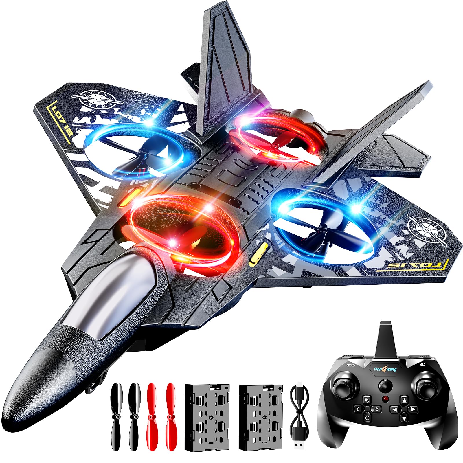 NIPLOOOW Foam Remote Control Airplanes Rc Planes for Kids 4-8, Remote Control Planes Fighter Jet with Light, 360° Flip Fighter Jet Toy, Gravity Sensing, Stunt Roll, Gifts for 6 7 8 10 12 Year Old Boys