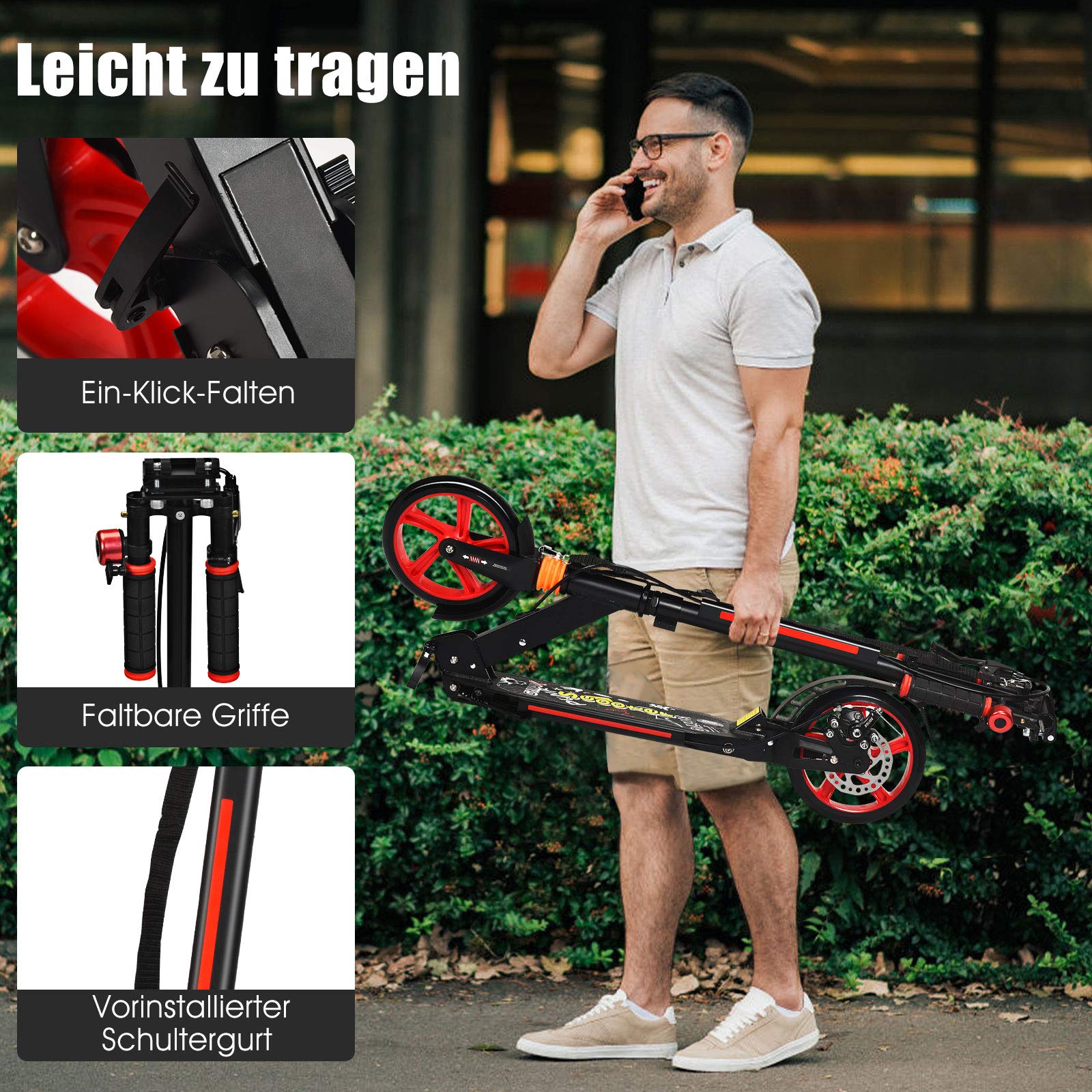 RELAX4LIFE Scooter Plegable con Altura Regulable, Patinete de Aluminio con Timbre, 2 Frenos y Doble Suspensión para Niños y Adultos 120-190 cm, Carga 100KG, Negro