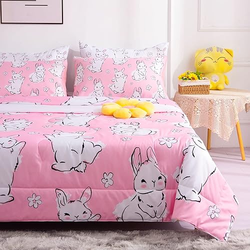 NiuOne Juego de edredón de conejo de 7 piezas de tamaño matrimonial, bonita cama de conejo en una bolsa para niñas y niños, edredón de conejo rosa