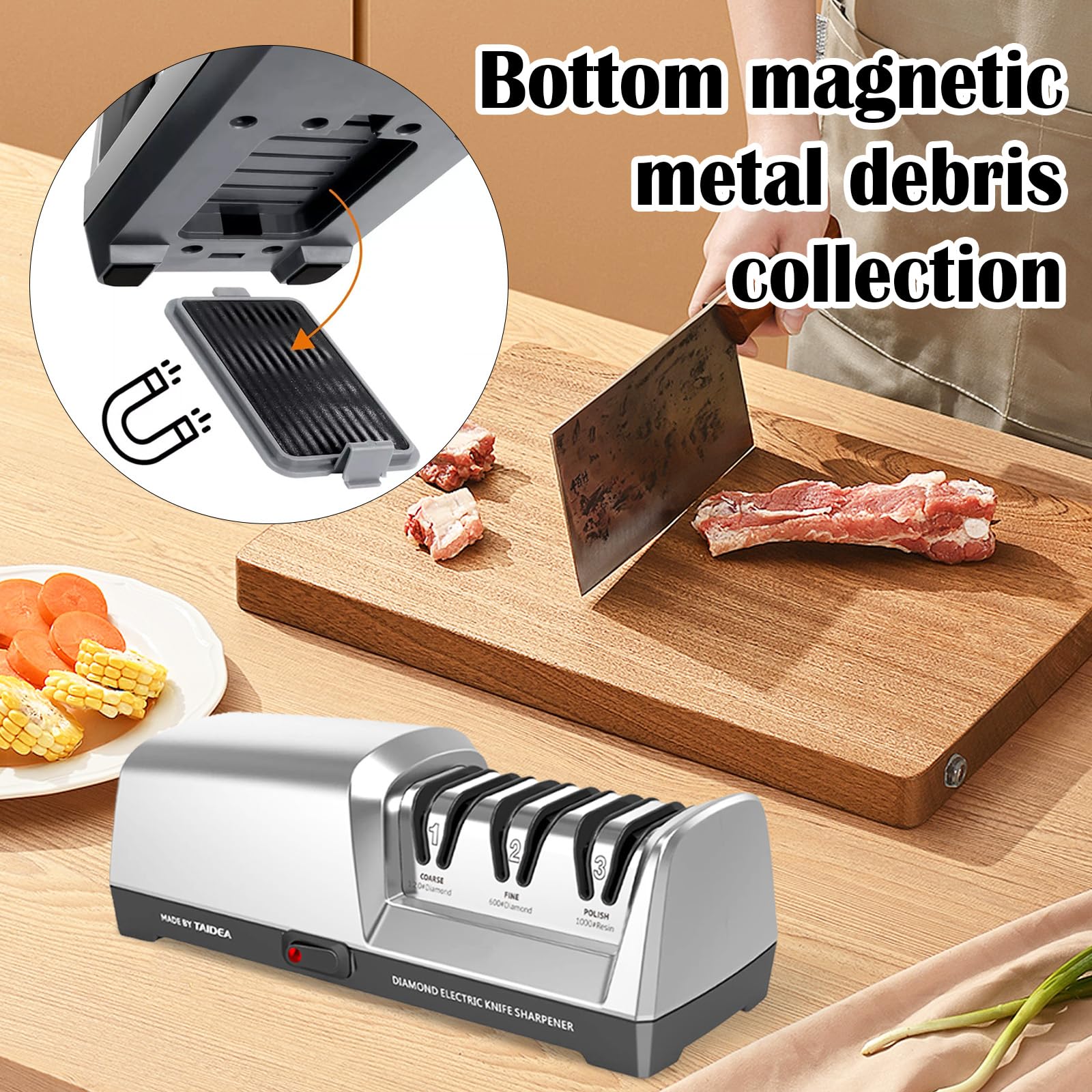 Aiguiseur de Couteaux Électrique, Affûtage des Couteaux de Cuisine à 3 Niveaux Affûteur de Couteaux Diamant Professionnel Pour Le Meulage Grossier