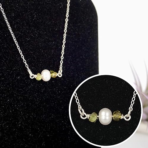 Miniatura 2 de Designs by Nature Gems Handmade Womens Peridot & Pearl Charm Necklace 20-22 inch Adjustable Chain Sterling Silver, August & June Birthstone