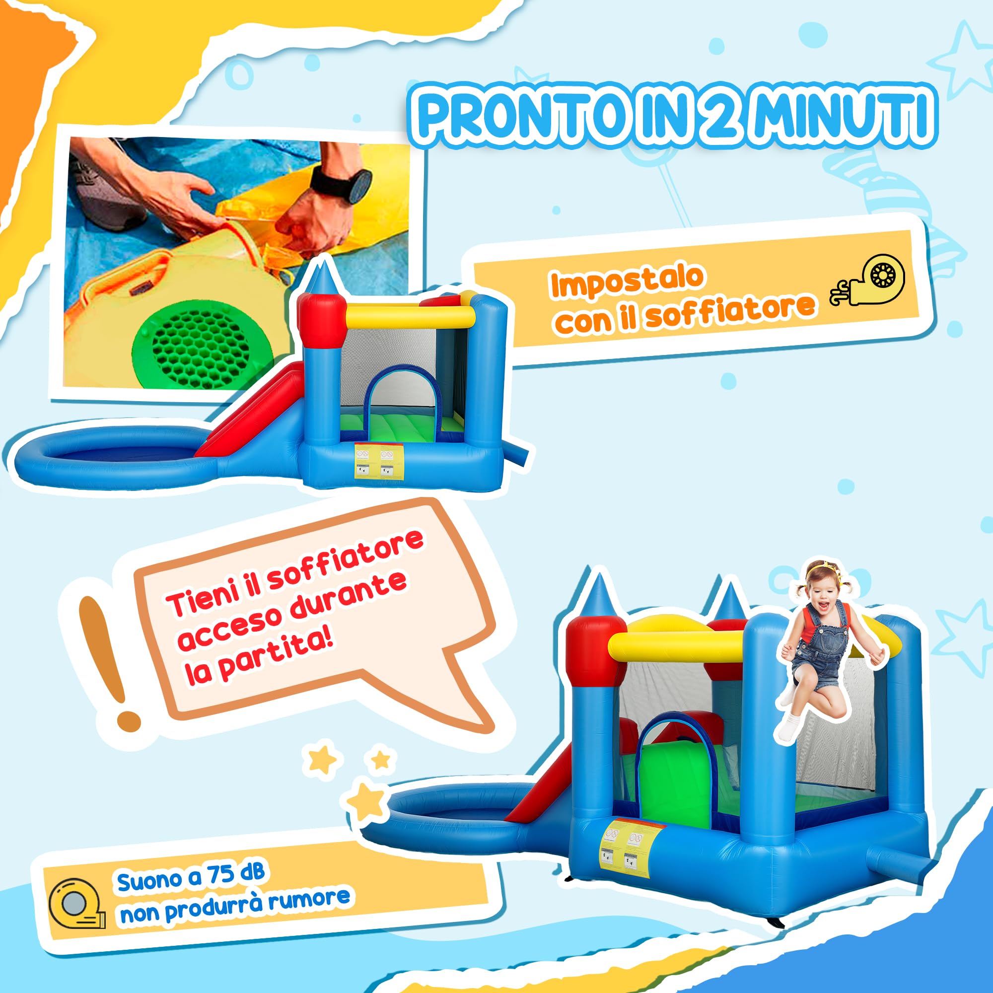 AIYAPLAY Castello Gonfiabile per Bambini 4 in 1 con Scivolo, Trampolino, Piscina Palline, Canestro, Borsa da Trasporto e Soffiatore, per Interni ed Esterni, adatto a 3-8 Anni, 415x205x190 cm