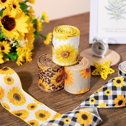 Miniatura 4 de Whaline Cinta de girasol con borde con alambre de 30 yardas cinta de patrón de flores de verano de 5 rollos de tela de primavera y verano cinta