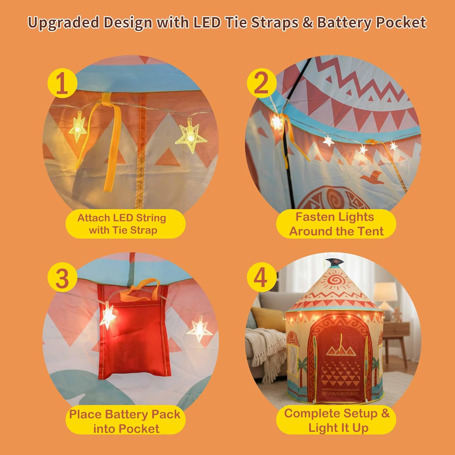 Tropical Adventure Princess Play Tent for Kids, 53"x41" Island-Themed Pop-Up Playhouse with LED Lights & Carry Bag, Indoor Outdoor Tent for Girls & Boys Ages 3–9