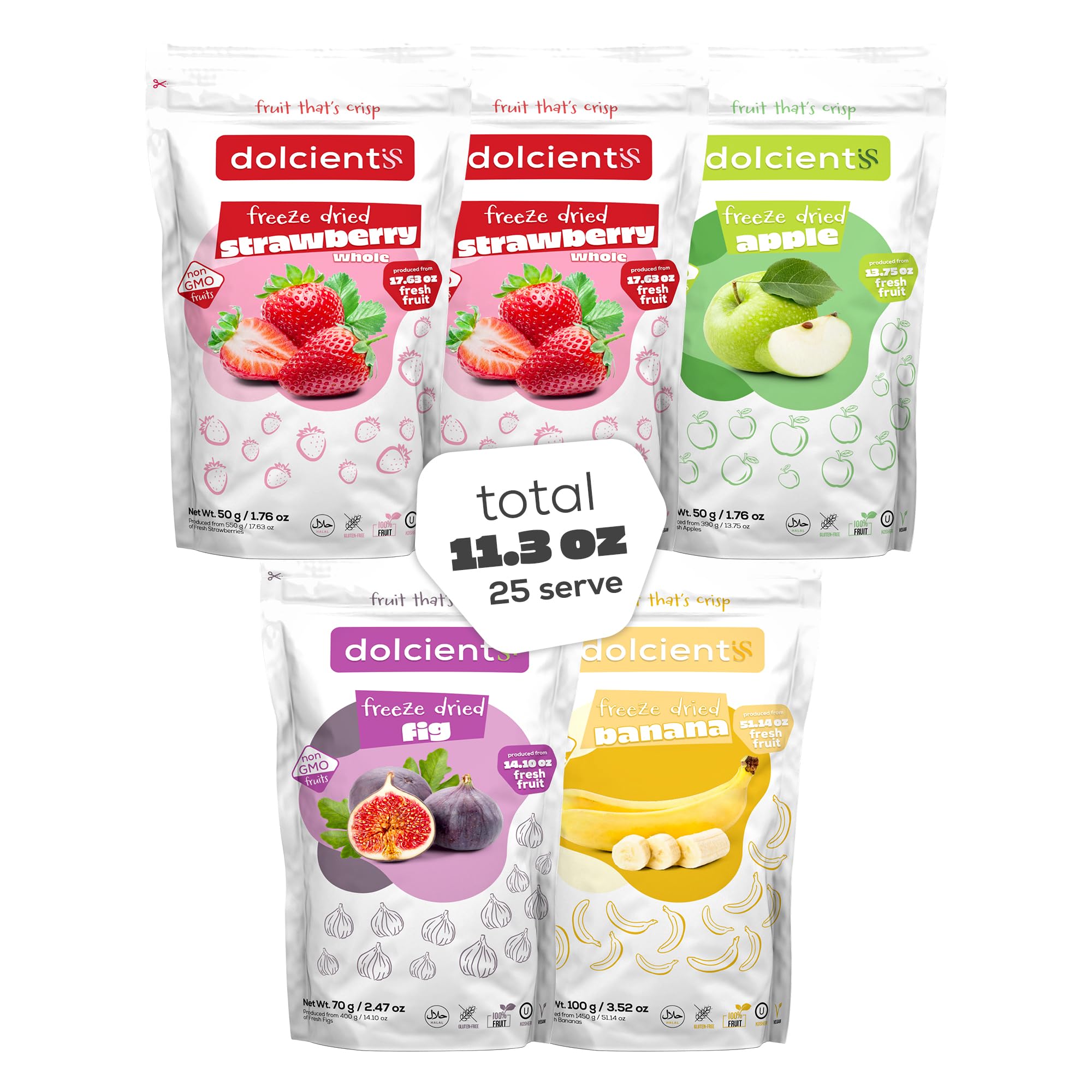 Dolcientis Freeze Dried Strawberries x2, Banana, Apple, Fig, 11.28 oz, 30 Servings |100% Natural Mix Dried Fruit Snacks | Non GMO, Kosher, Gluten Free, Vegan, No Sugar Added (Pack of 5)