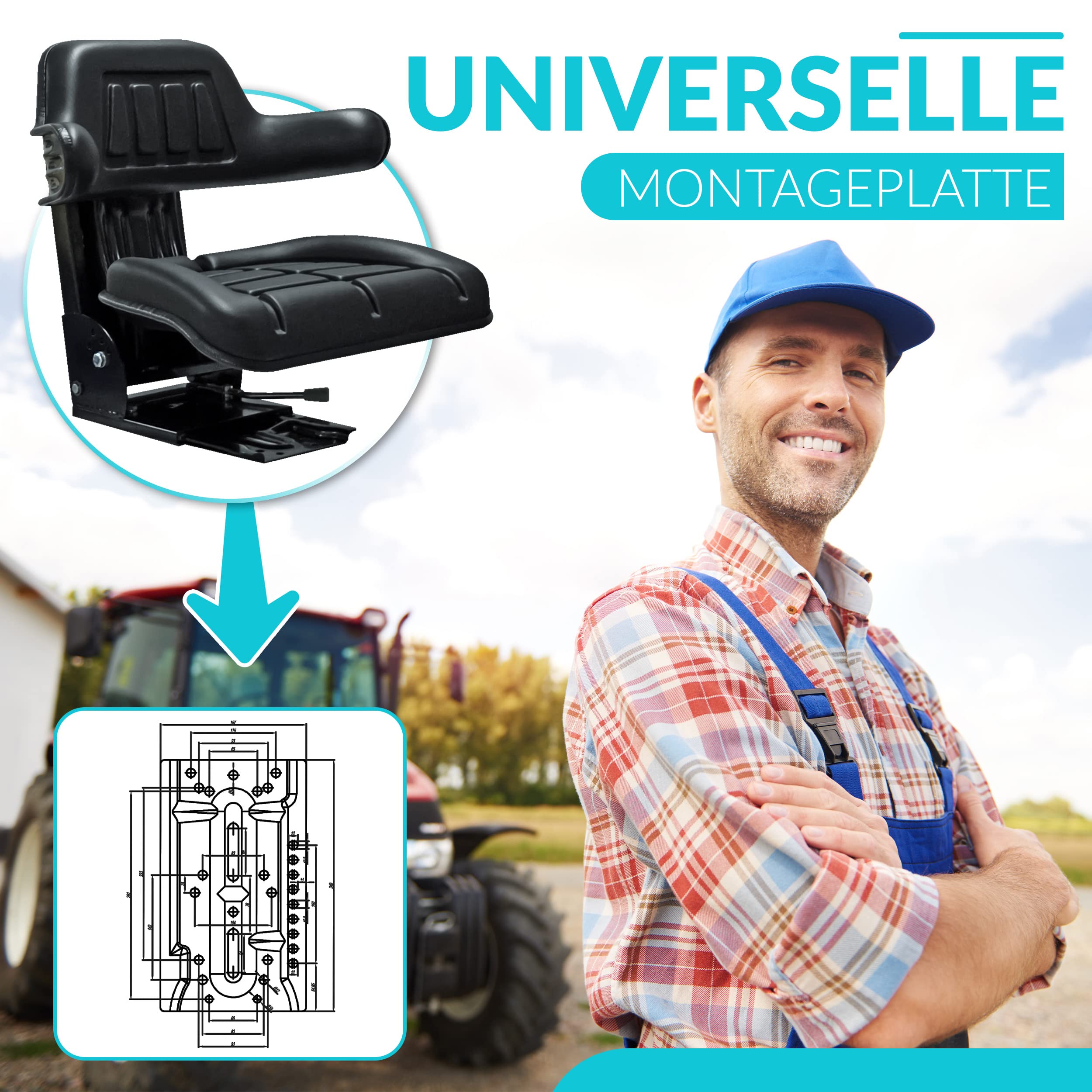 Schleppersitz Traktorsitz Universalsitz KS 44/2V PVC Schwarz gefedert neigungsverstellbar mit Stossdämpfer